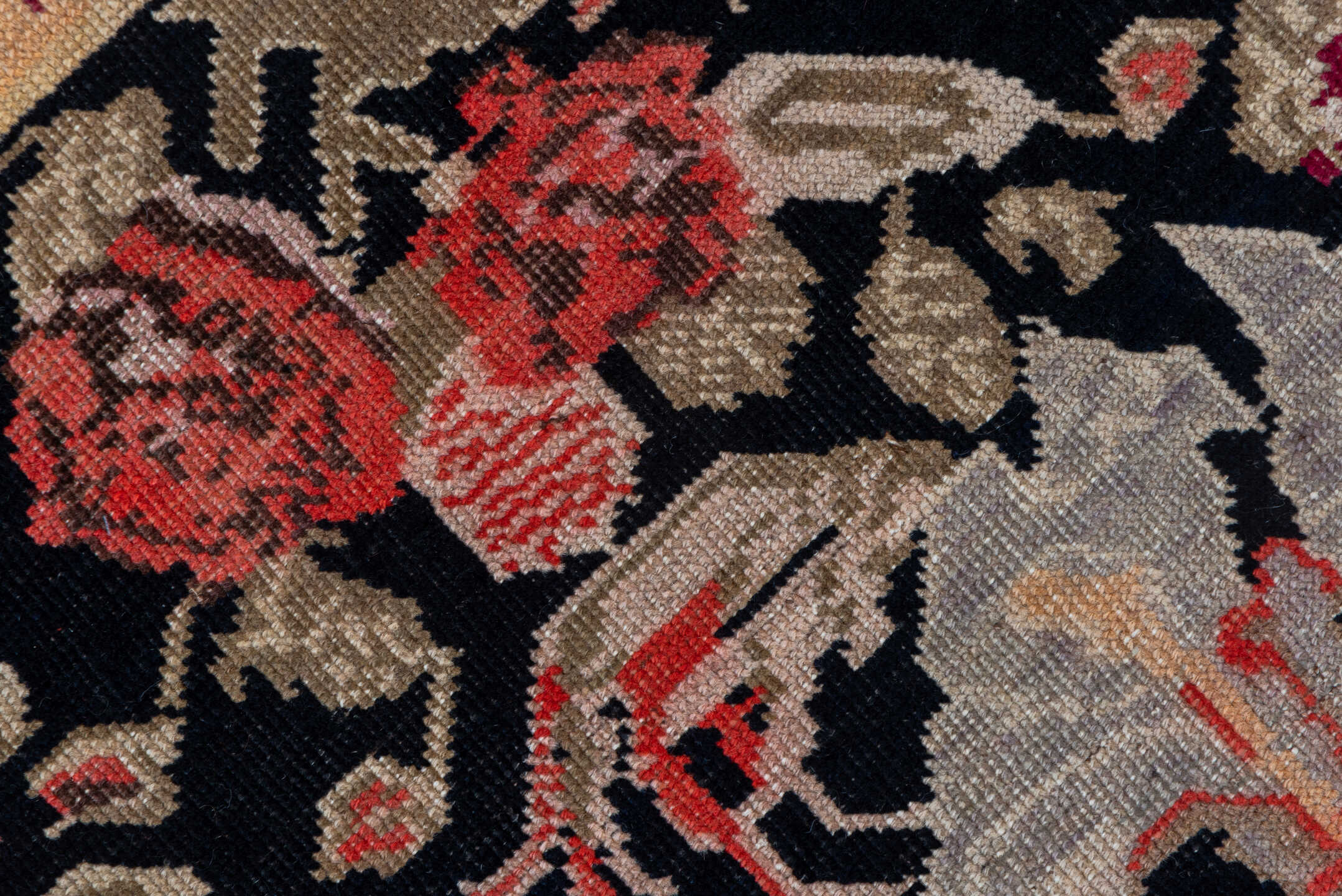 3' x 18' one-of-a-kind handmade vintage Karabagh runner rug. Color palette: black, brown, off-white, orange, pink, red