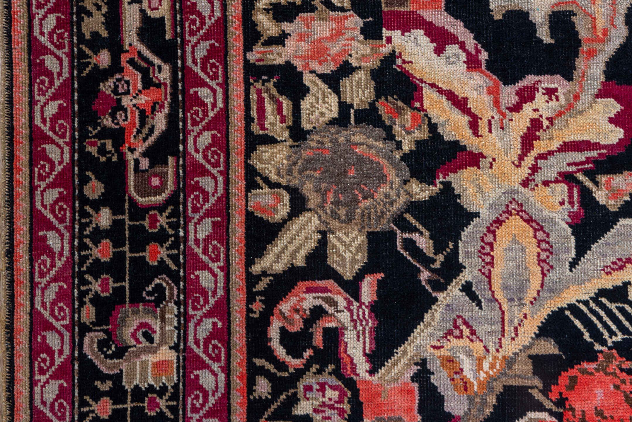 3' x 18' one-of-a-kind handmade vintage Karabagh runner rug. Color palette: black, brown, off-white, orange, pink, red