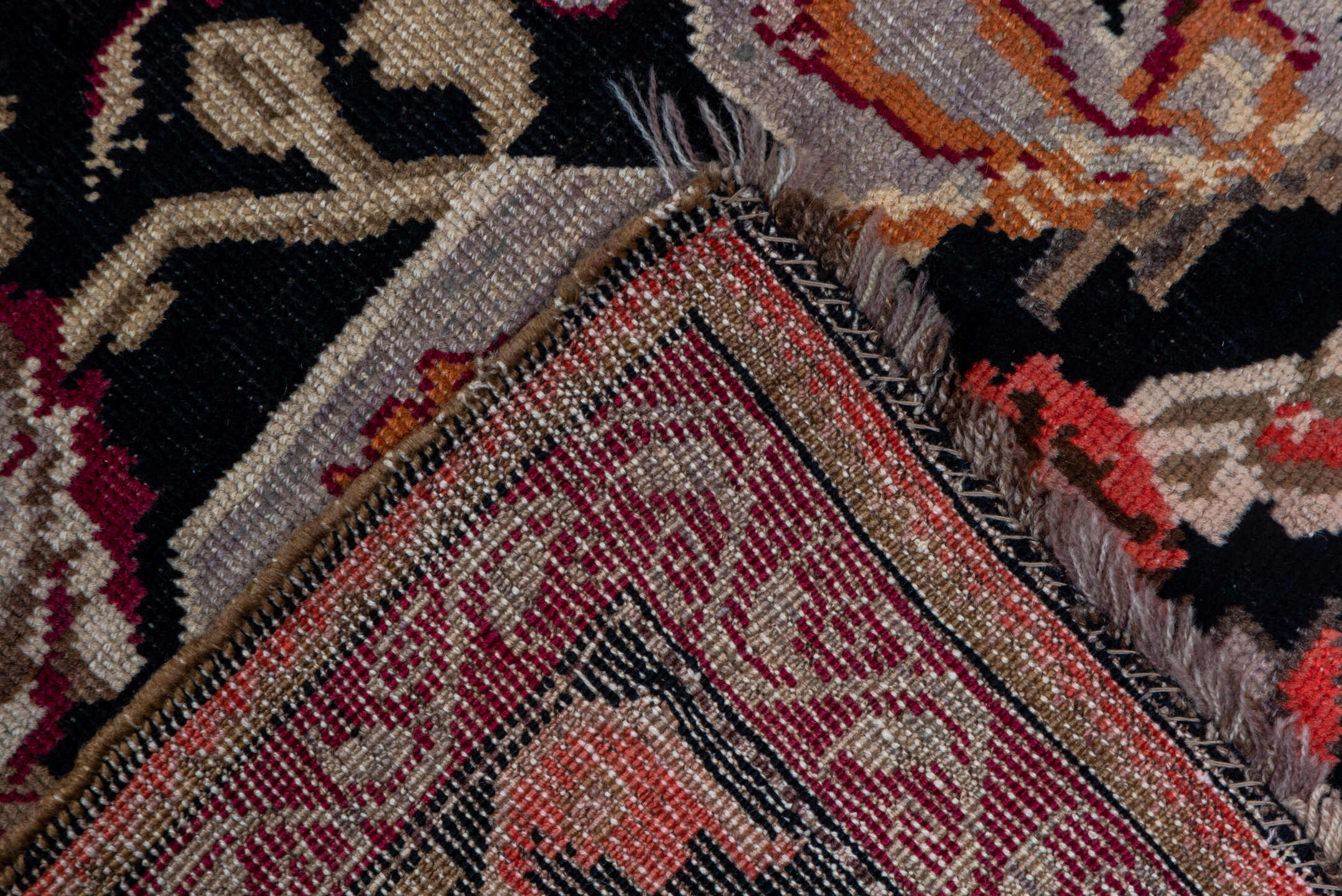 3' x 18' one-of-a-kind handmade vintage Karabagh runner rug. Color palette: black, brown, off-white, orange, pink, red