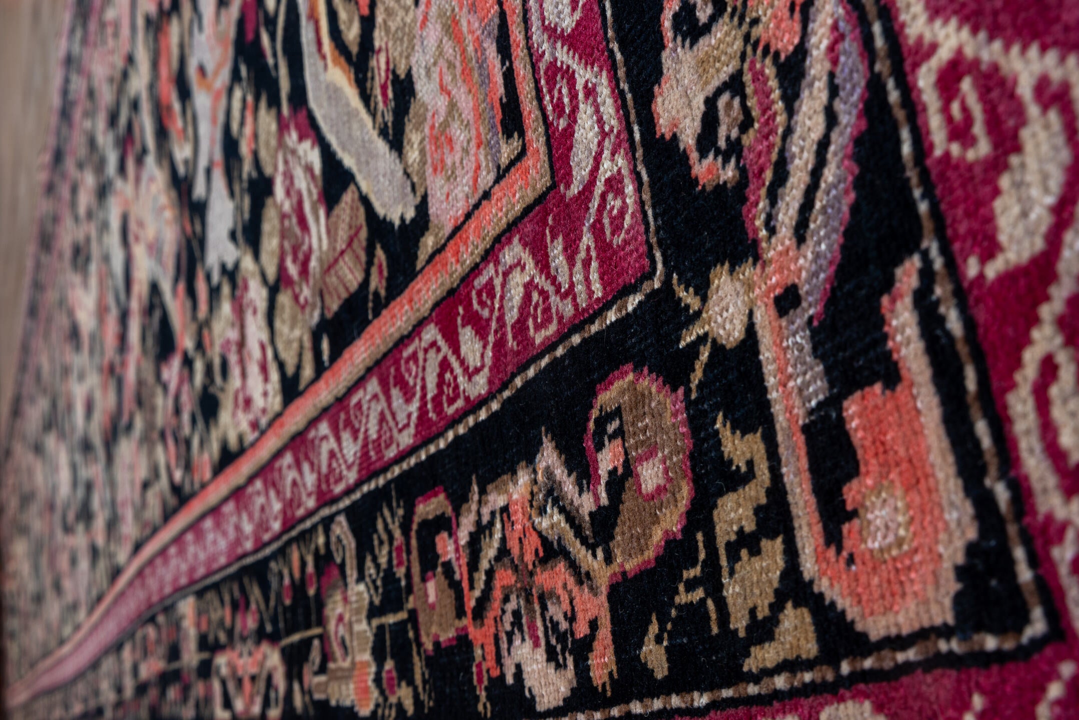 3' x 18' one-of-a-kind handmade vintage Karabagh runner rug. Color palette: black, brown, off-white, orange, pink, red