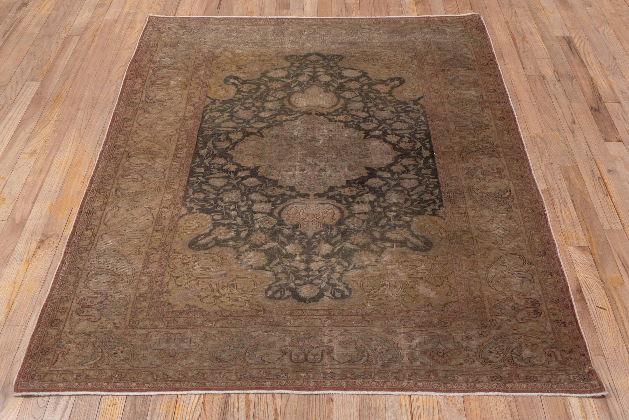 4' x 6' one-of-a-kind handmade vintage Sivas small size rug. Color palette: brown, gray, light gray, off-white, pink