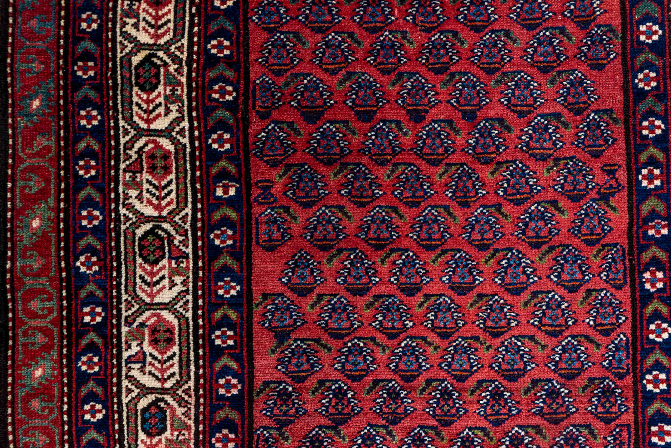 3' x 12' one-of-a-kind handmade antique Malayer runner rug. Color palette: rose, burgundy, ivory, navy, rust, charcoal, pink