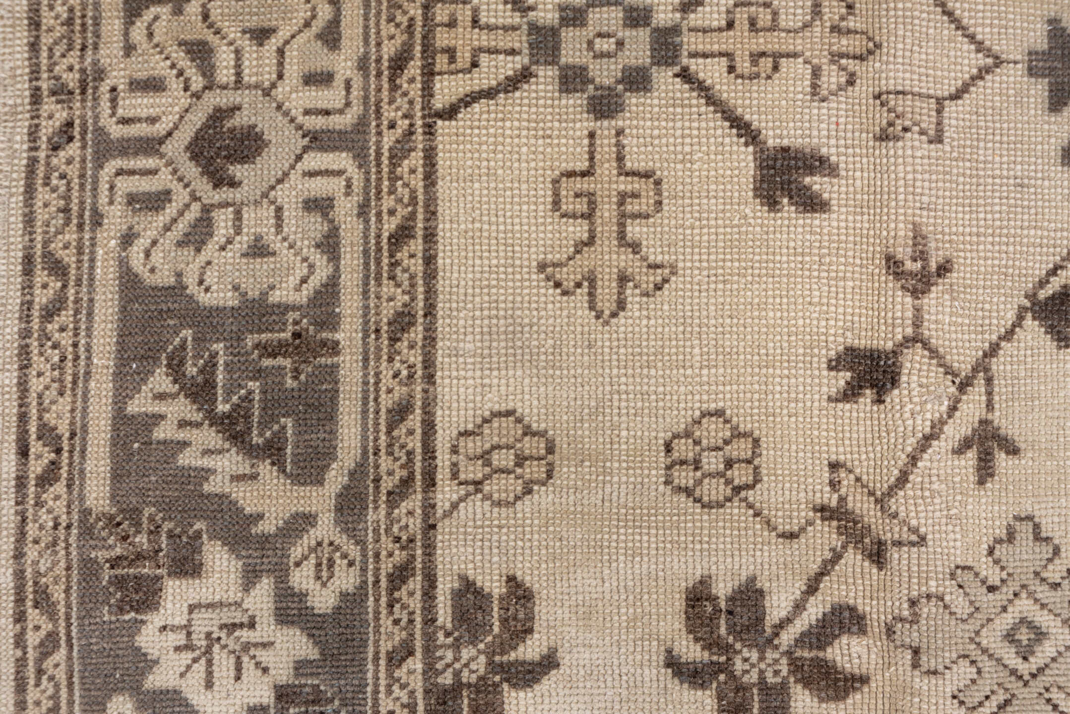 6' x 10' one-of-a-kind handmade antique Oushak large size rug. Color palette: ivory, taupe, brown, camel, beige, gray