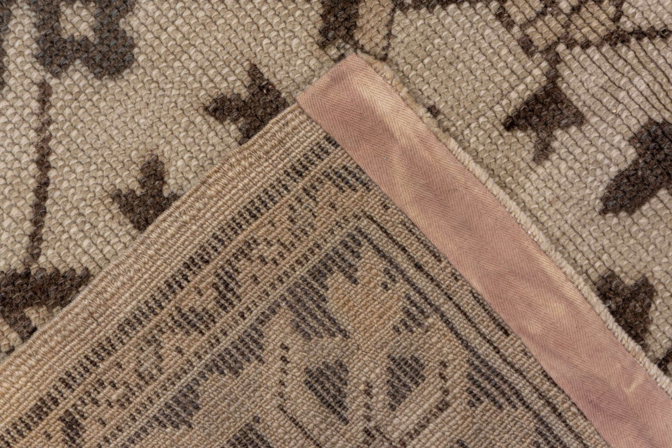 6' x 10' one-of-a-kind handmade antique Oushak large size rug. Color palette: ivory, taupe, brown, camel, beige, gray