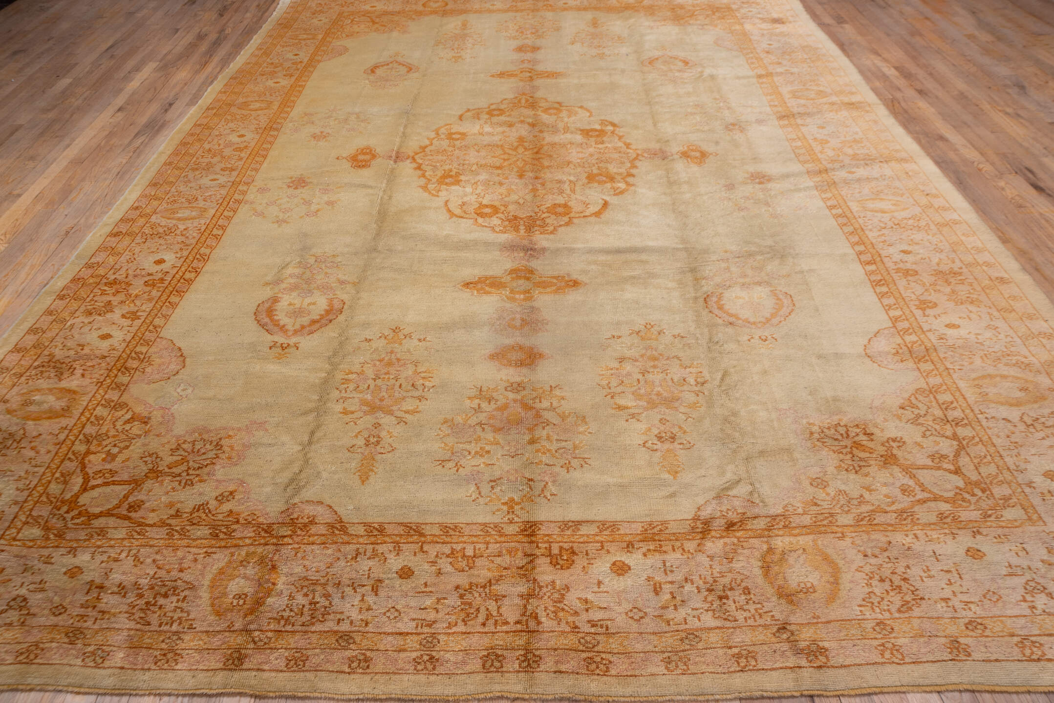 9' x 14' one-of-a-kind handmade antique Oushak large size rug. Color palette: ivory, apricot, peach, soft gold, beige, blush