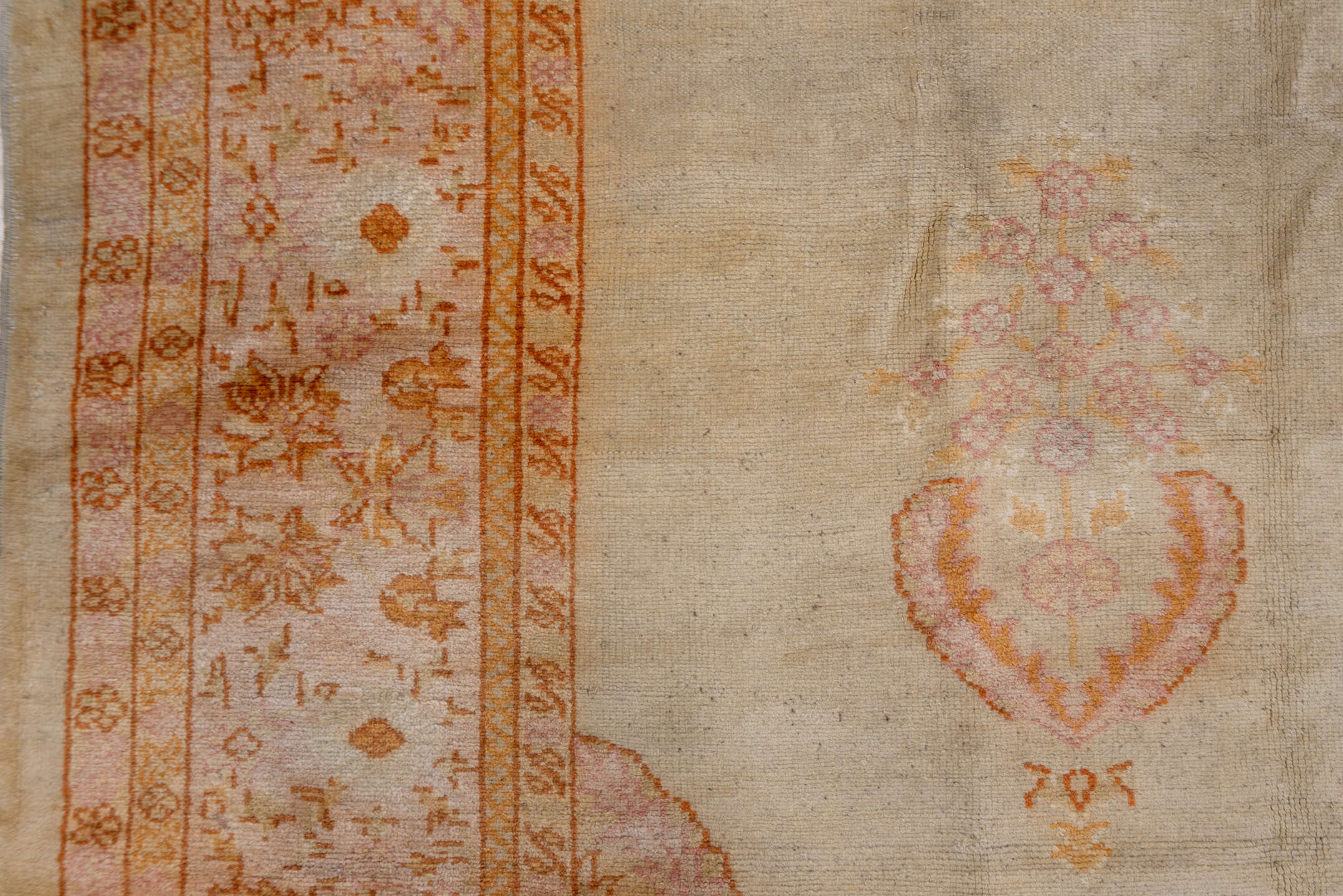 9' x 14' one-of-a-kind handmade antique Oushak large size rug. Color palette: ivory, apricot, peach, soft gold, beige, blush