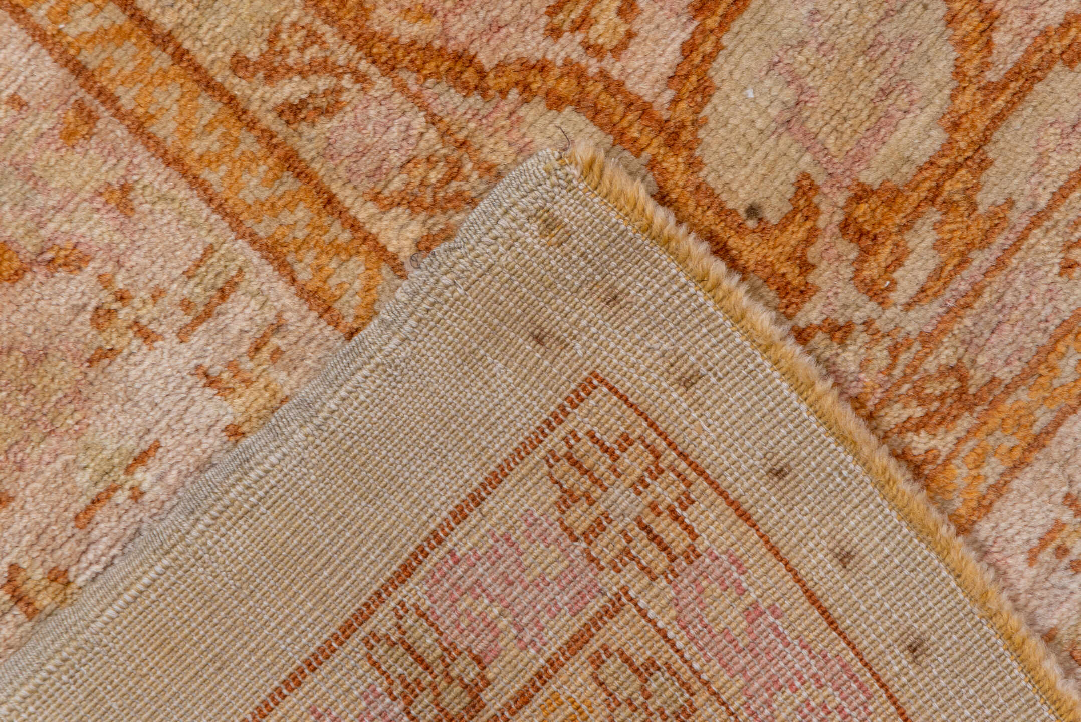 9' x 14' one-of-a-kind handmade antique Oushak large size rug. Color palette: ivory, apricot, peach, soft gold, beige, blush