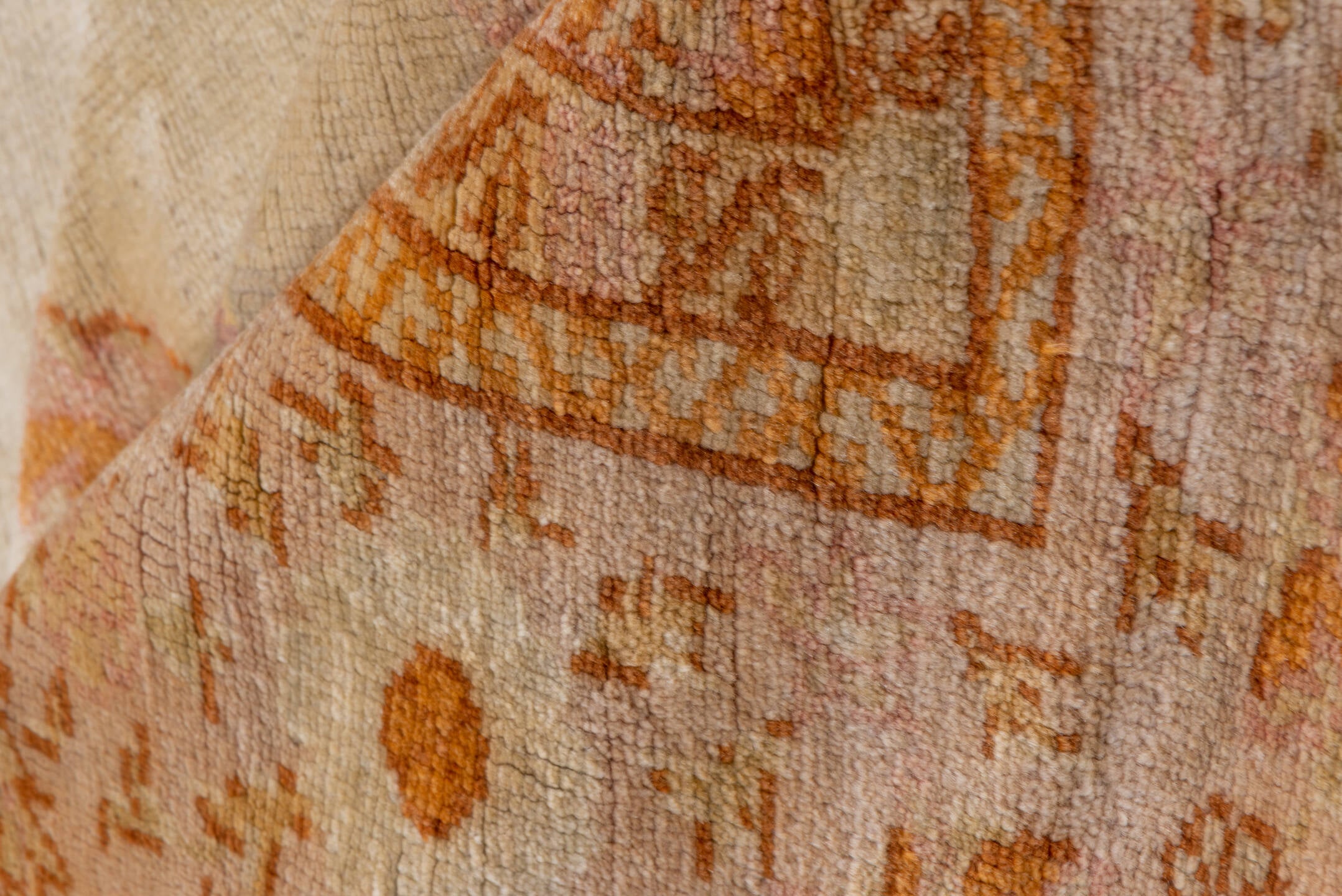 9' x 14' one-of-a-kind handmade antique Oushak large size rug. Color palette: ivory, apricot, peach, soft gold, beige, blush