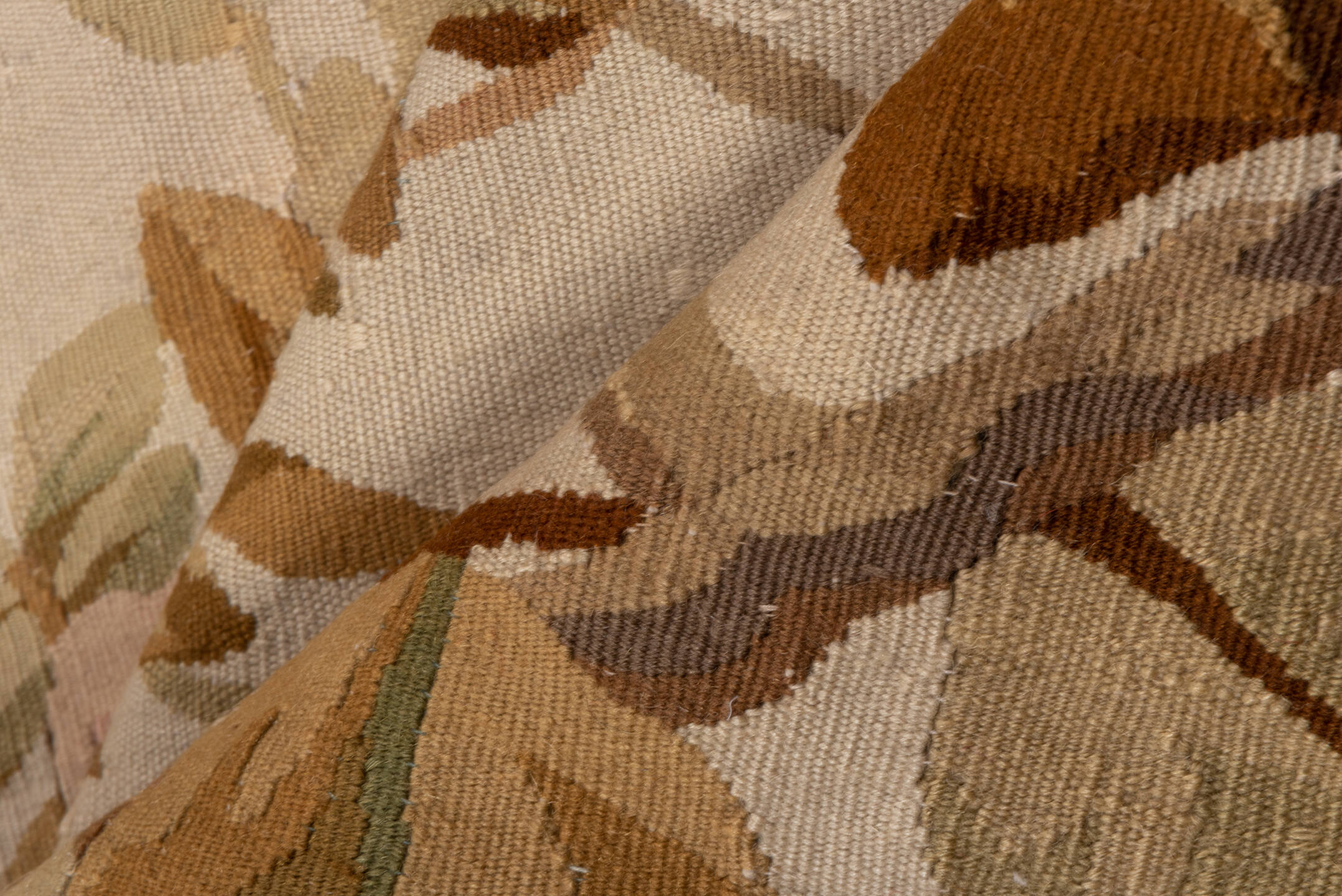 3' x 8' one-of-a-kind handmade vintage Aubusson runner rug. Color palette: brown, dark salmon, gray, light gray, off-white