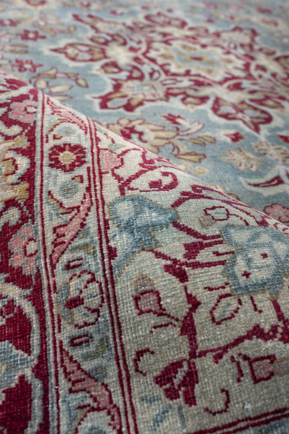 4' x 6' one-of-a-kind handmade antique Meshed rug. Color palette: sky blue, burgundy, ivory, rose, muted gold, dusty pink