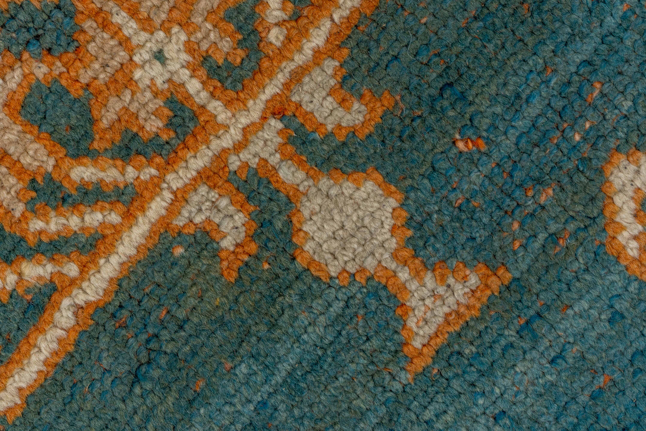 10' x 13' one-of-a-kind handmade antique Oushak large size rug. Color palette: terra cotta, ivory, teal, rust, sage, gold