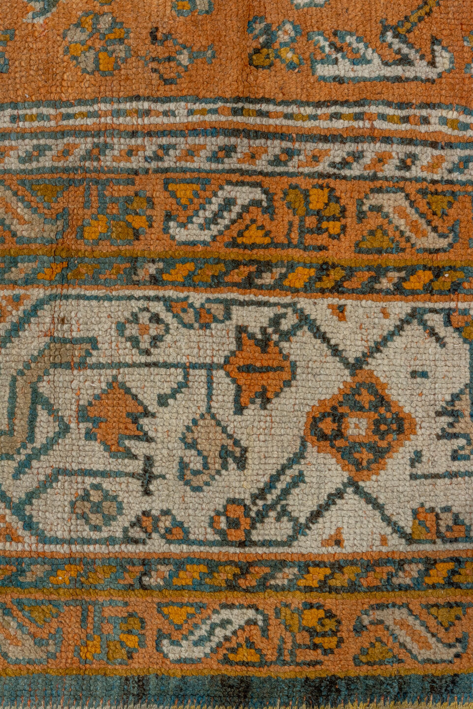 10' x 13' one-of-a-kind handmade antique Oushak large size rug. Color palette: terra cotta, ivory, teal, rust, sage, gold