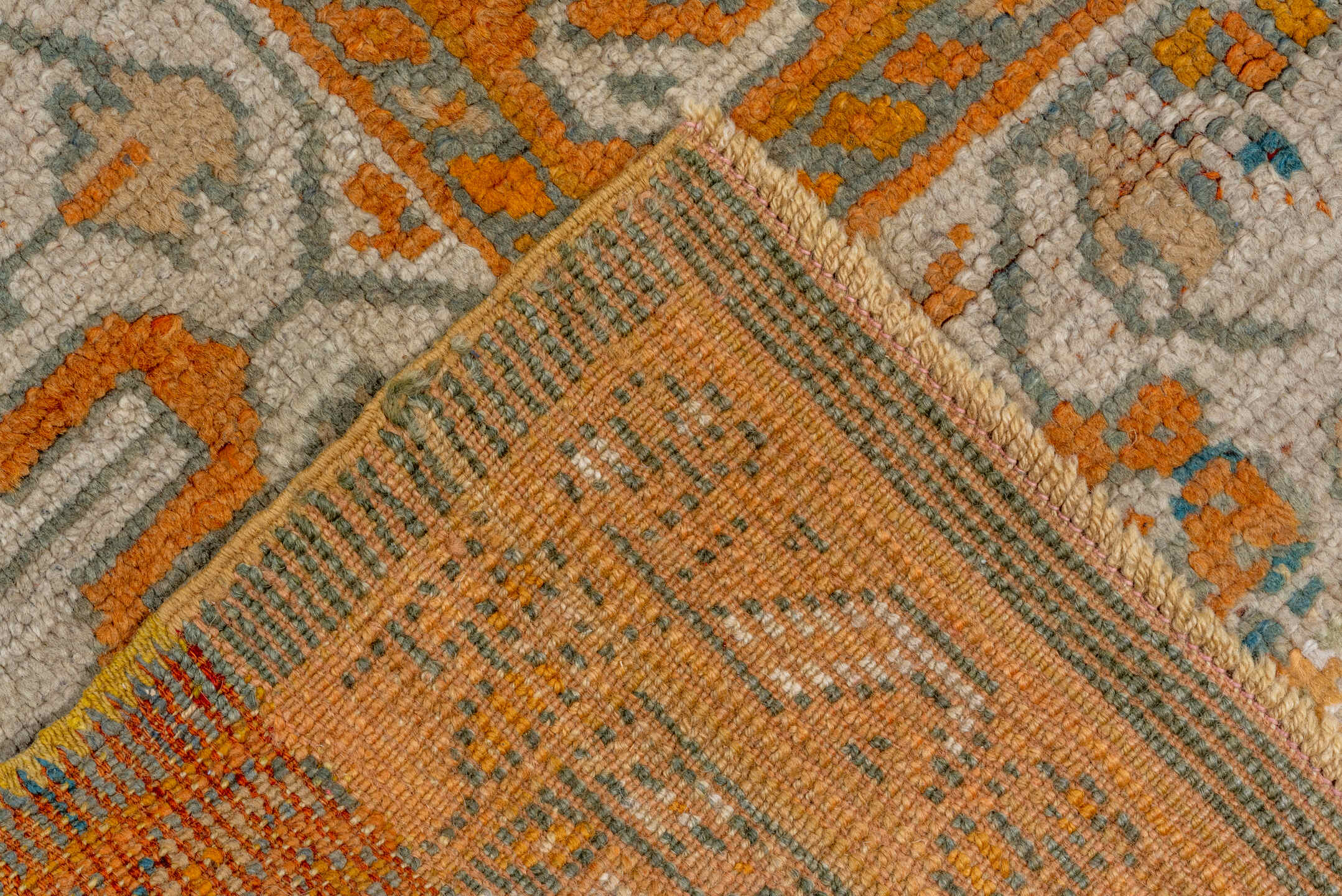 10' x 13' one-of-a-kind handmade antique Oushak large size rug. Color palette: terra cotta, ivory, teal, rust, sage, gold