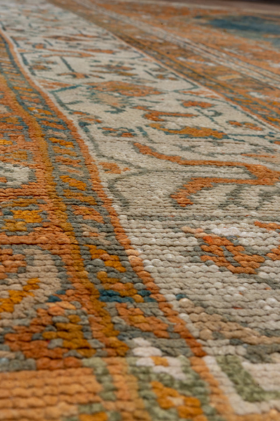 10' x 13' one-of-a-kind handmade antique Oushak large size rug. Color palette: terra cotta, ivory, teal, rust, sage, gold