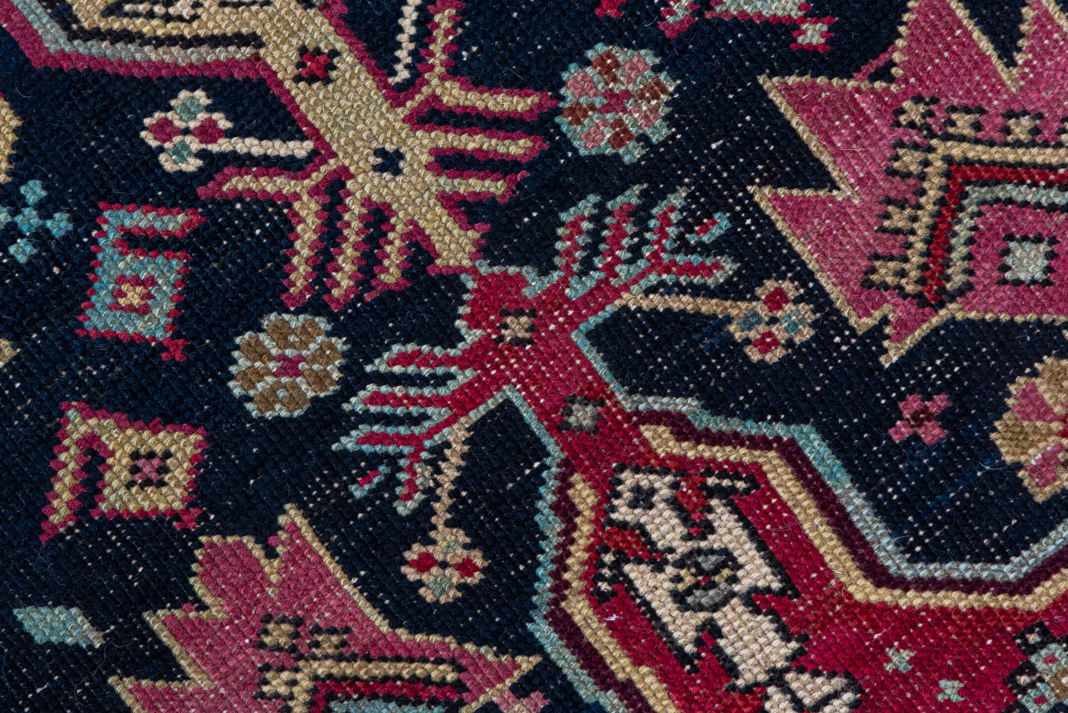 3' x 9' one-of-a-kind handmade antique Karabagh runner rug. Color palette: navy, crimson, ivory, gold, rose, taupe, burgundy
