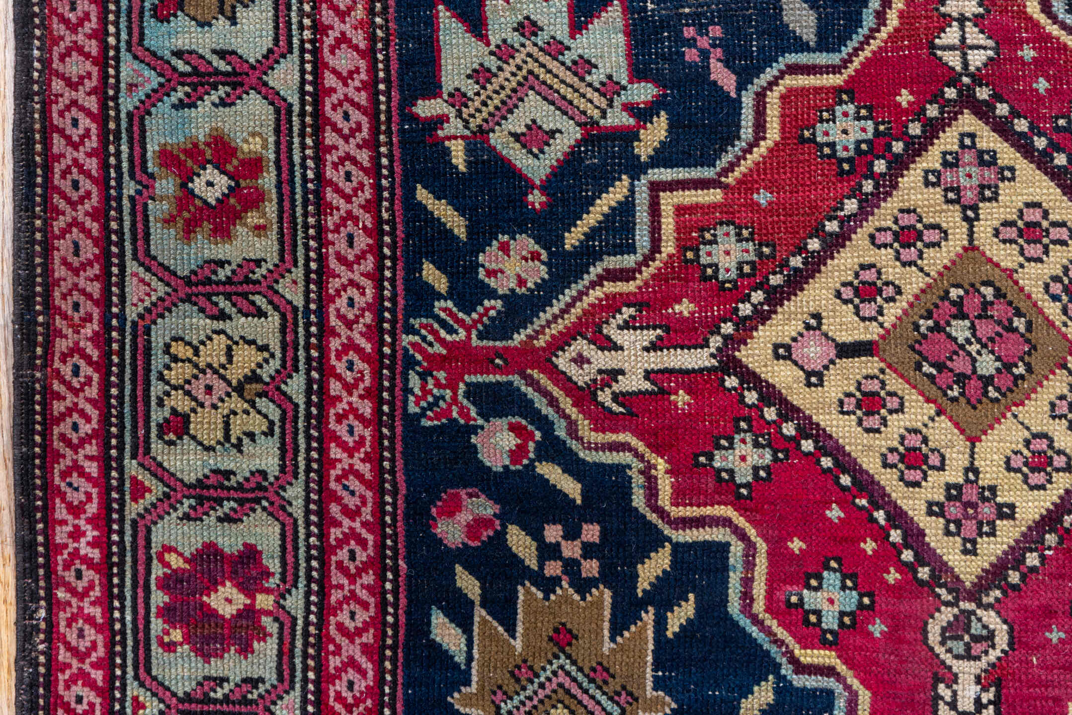 3' x 9' one-of-a-kind handmade antique Karabagh runner rug. Color palette: navy, crimson, ivory, gold, rose, taupe, burgundy
