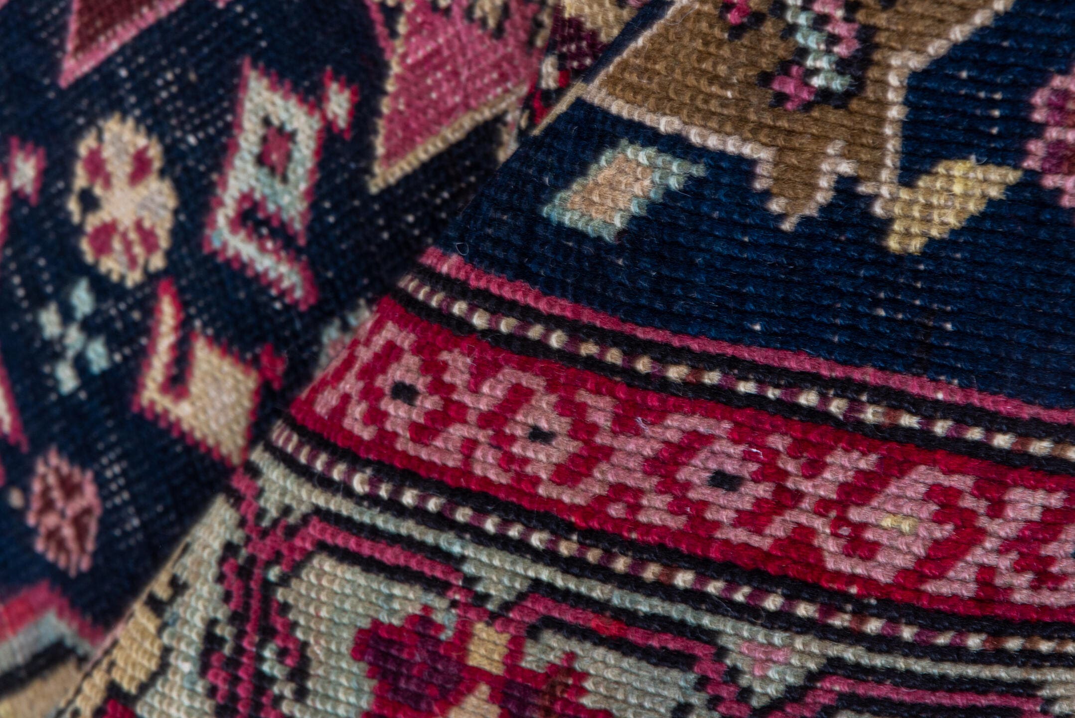 3' x 9' one-of-a-kind handmade antique Karabagh runner rug. Color palette: navy, crimson, ivory, gold, rose, taupe, burgundy
