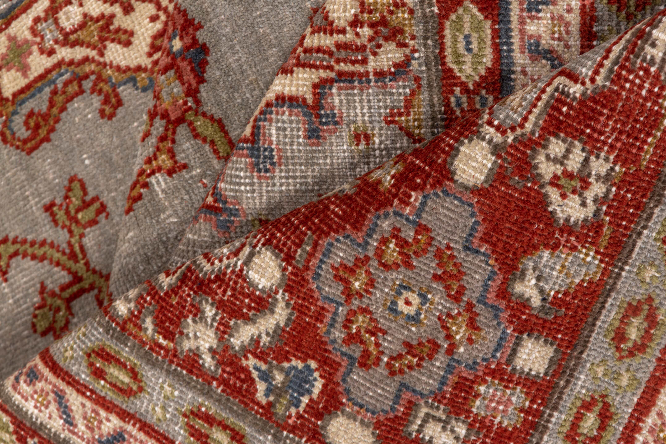 7' x 10' one-of-a-kind handmade antique Oushak large size rug. Color palette: taupe, rust, ivory, sage, gold, slate, rose