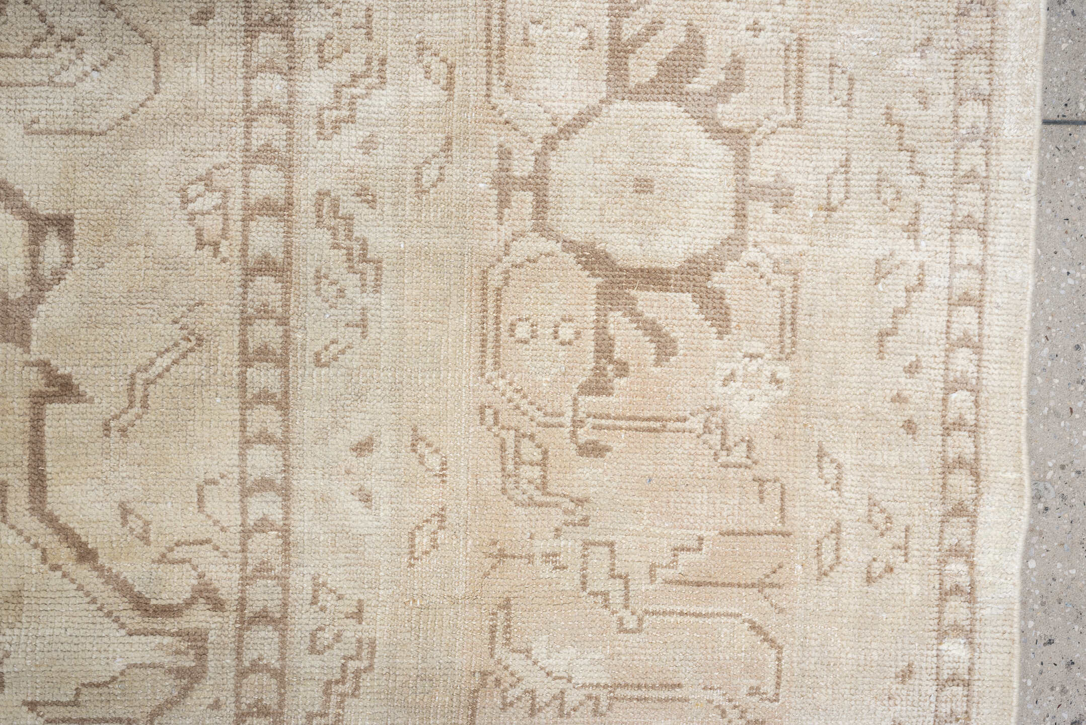 14' x 17' one-of-a-kind handmade antique Oushak oversize rug. Color palette: ivory, taupe, camel, brown, pale blue, beige