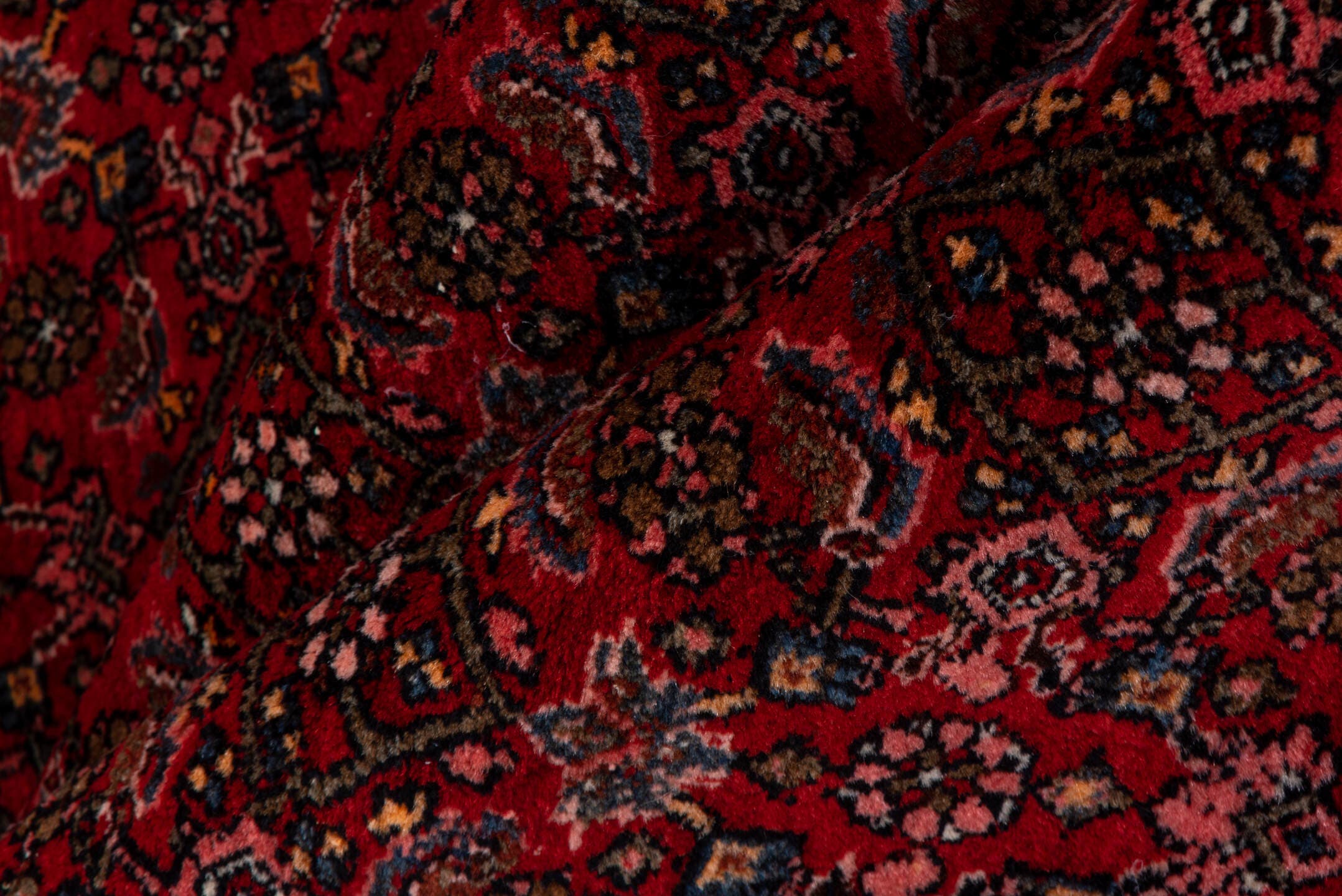 5' x 7' one-of-a-kind handmade antique Bidjar rug. Color palette: red, navy, rust, rose, ivory, charcoal, blue, terracotta