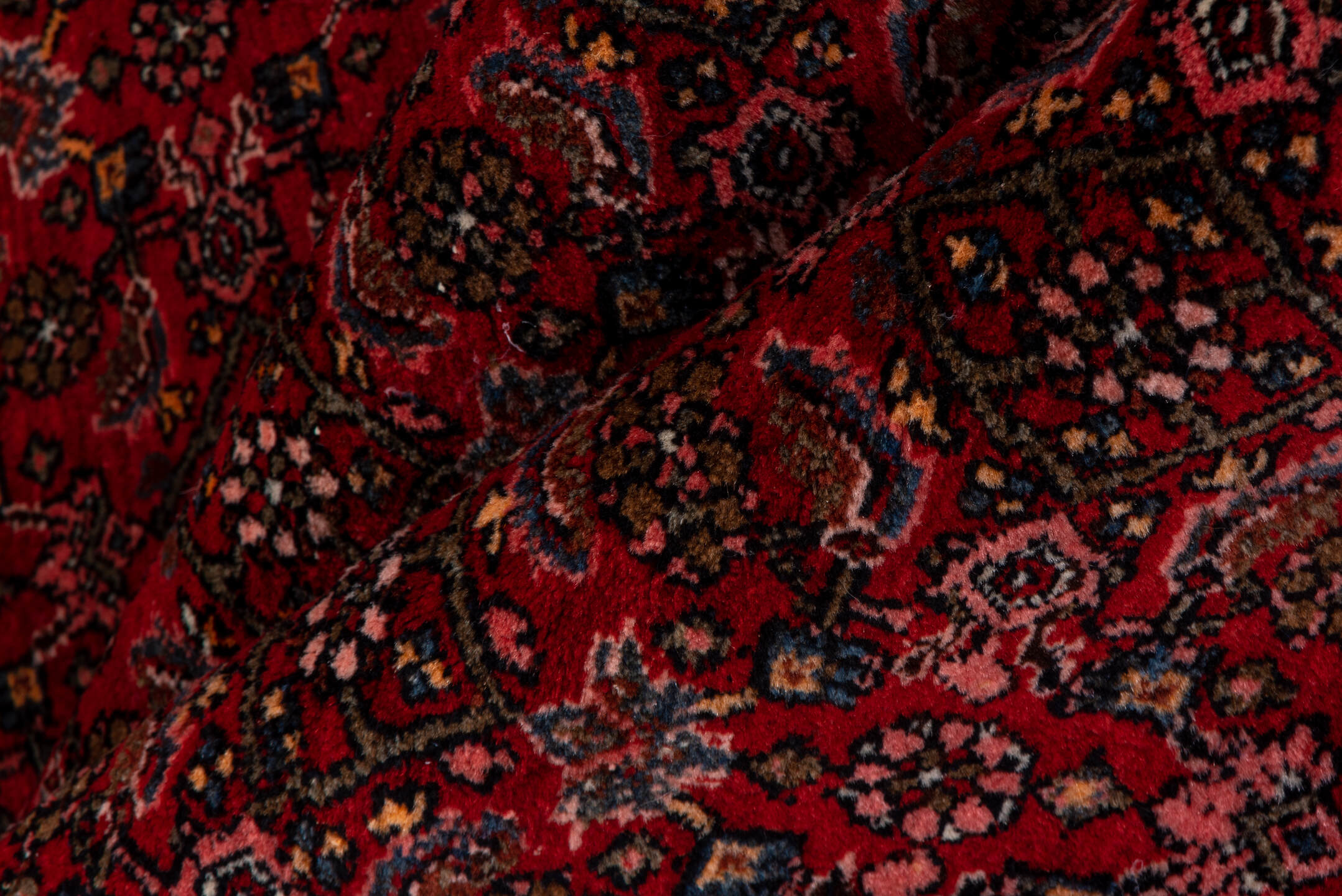 5' x 7' one-of-a-kind handmade antique Bidjar rug. Color palette: red, navy, rust, rose, ivory, charcoal, blue, terracotta