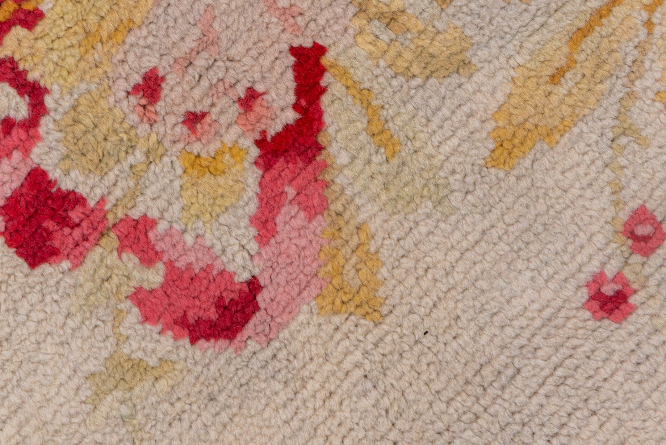 12' x 28' one-of-a-kind handmade antique Savonnerie oversize rug. Color palette: gold, ivory, rose, sage, cream, soft_green
