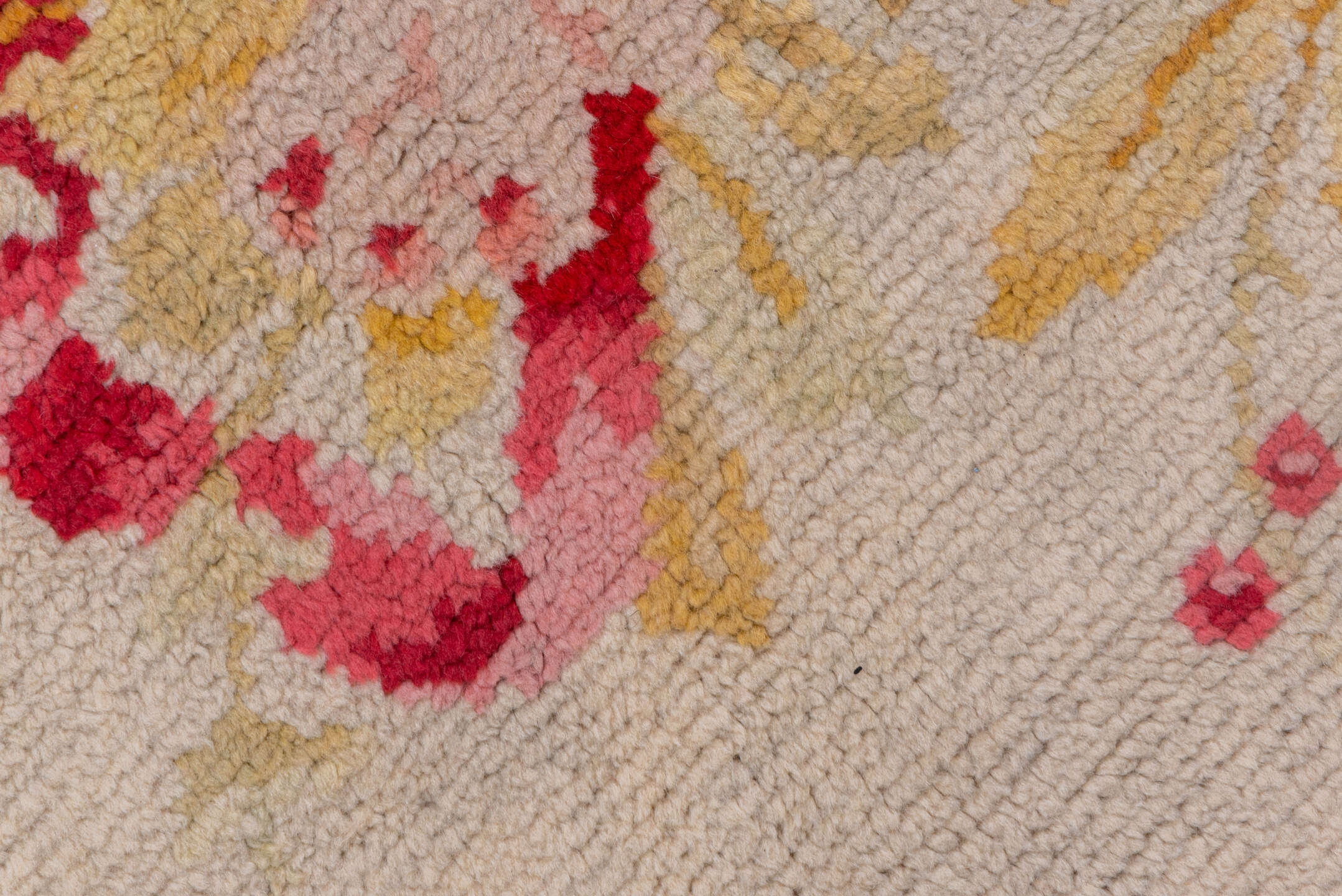 12' x 28' one-of-a-kind handmade antique Savonnerie oversize rug. Color palette: gold, ivory, rose, sage, cream, soft_green