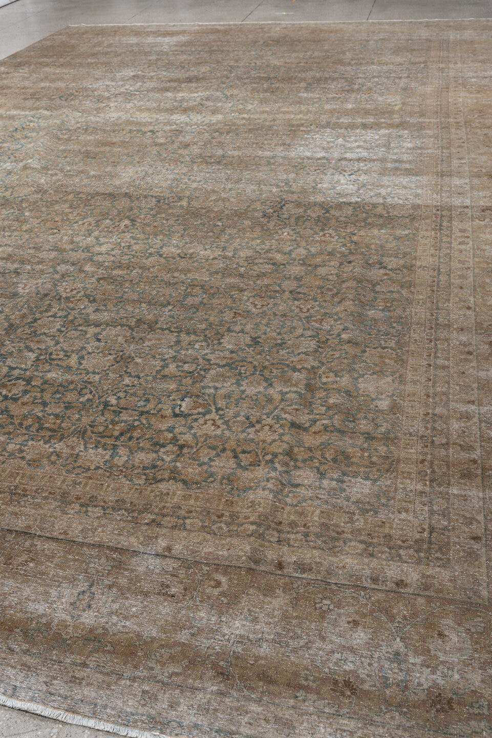 11' x 16' one-of-a-kind handmade antique Tabriz oversize rug. Color palette: taupe, faded blue, beige, ivory, camel, slate