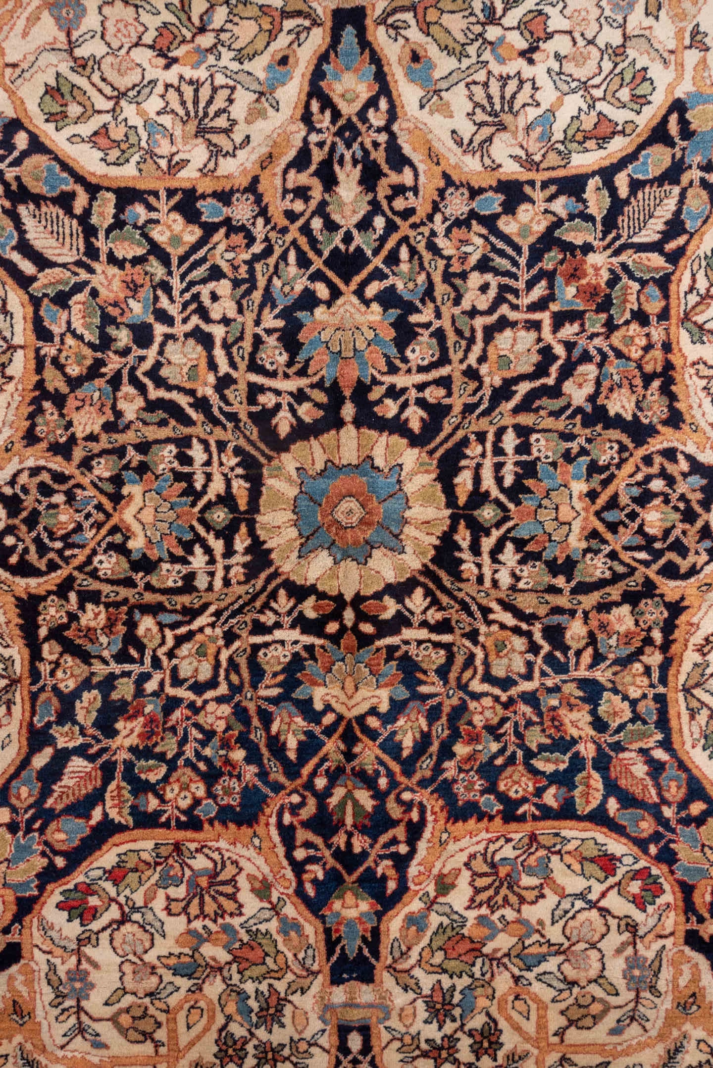 12' x 19' one-of-a-kind handmade antique Far.Sarouk oversize rug. Color palette: terra cotta, navy, ivory, beige, rust