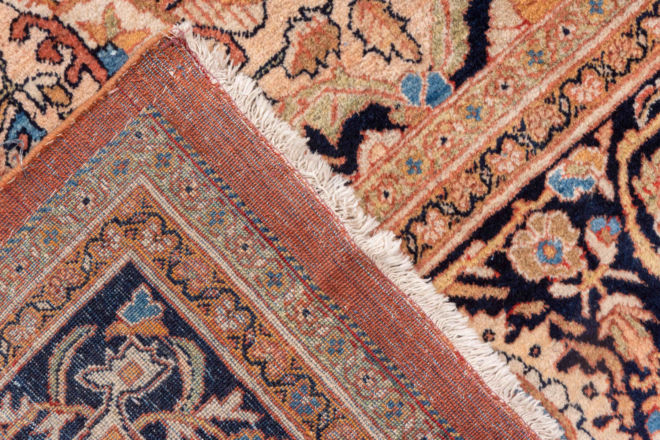 12' x 19' one-of-a-kind handmade antique Far.Sarouk oversize rug. Color palette: terra cotta, navy, ivory, beige, rust