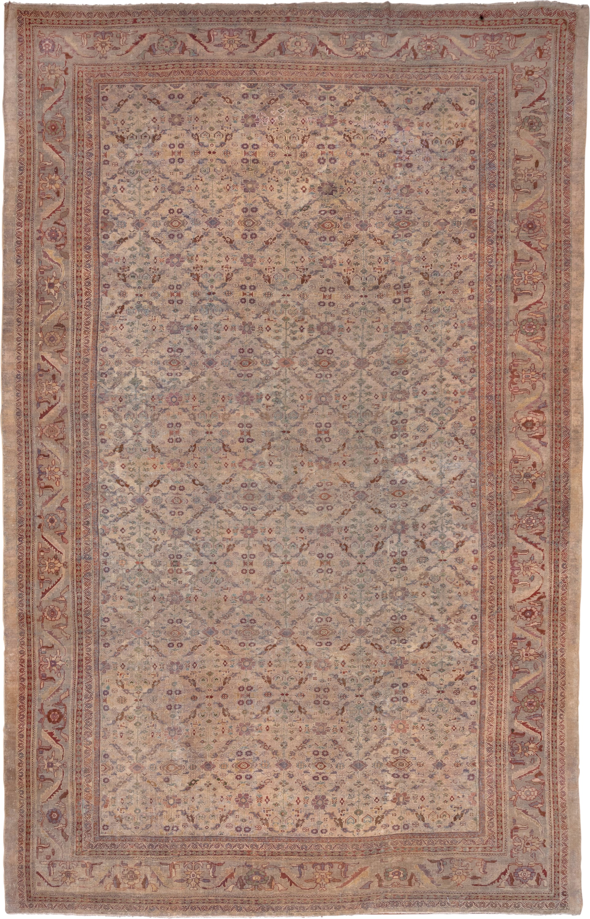 13' x 20' one-of-a-kind handmade antique Sultanabad oversize rug. Color palette: ivory, rose, taupe, dusty blue, sage