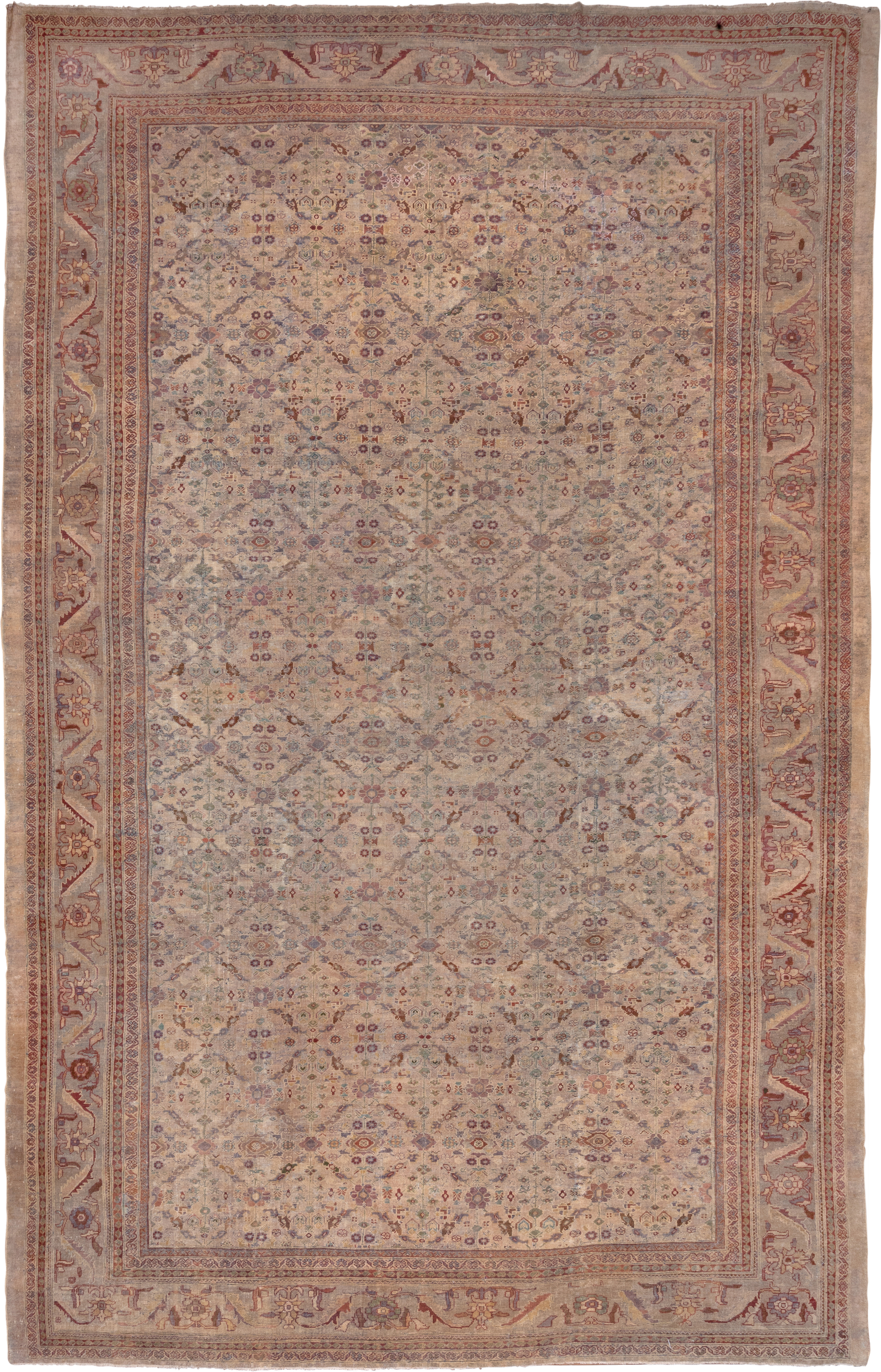13' x 20' one-of-a-kind handmade antique Sultanabad oversize rug. Color palette: ivory, rose, taupe, dusty blue, sage