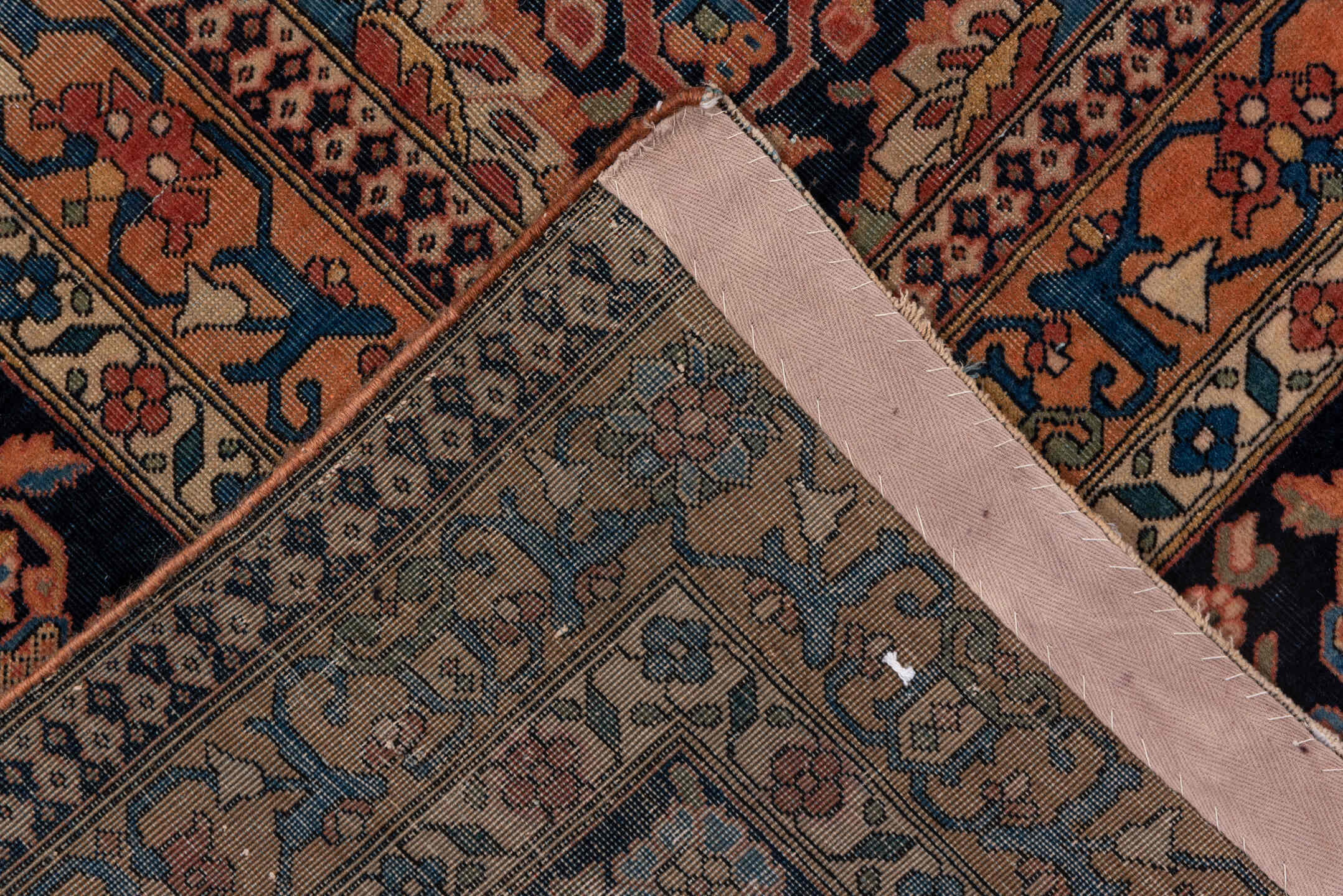 10' x 13' one-of-a-kind handmade antique Mohtasham Kashan large size rug. Color palette: rust, navy, ivory, soft blue, rose