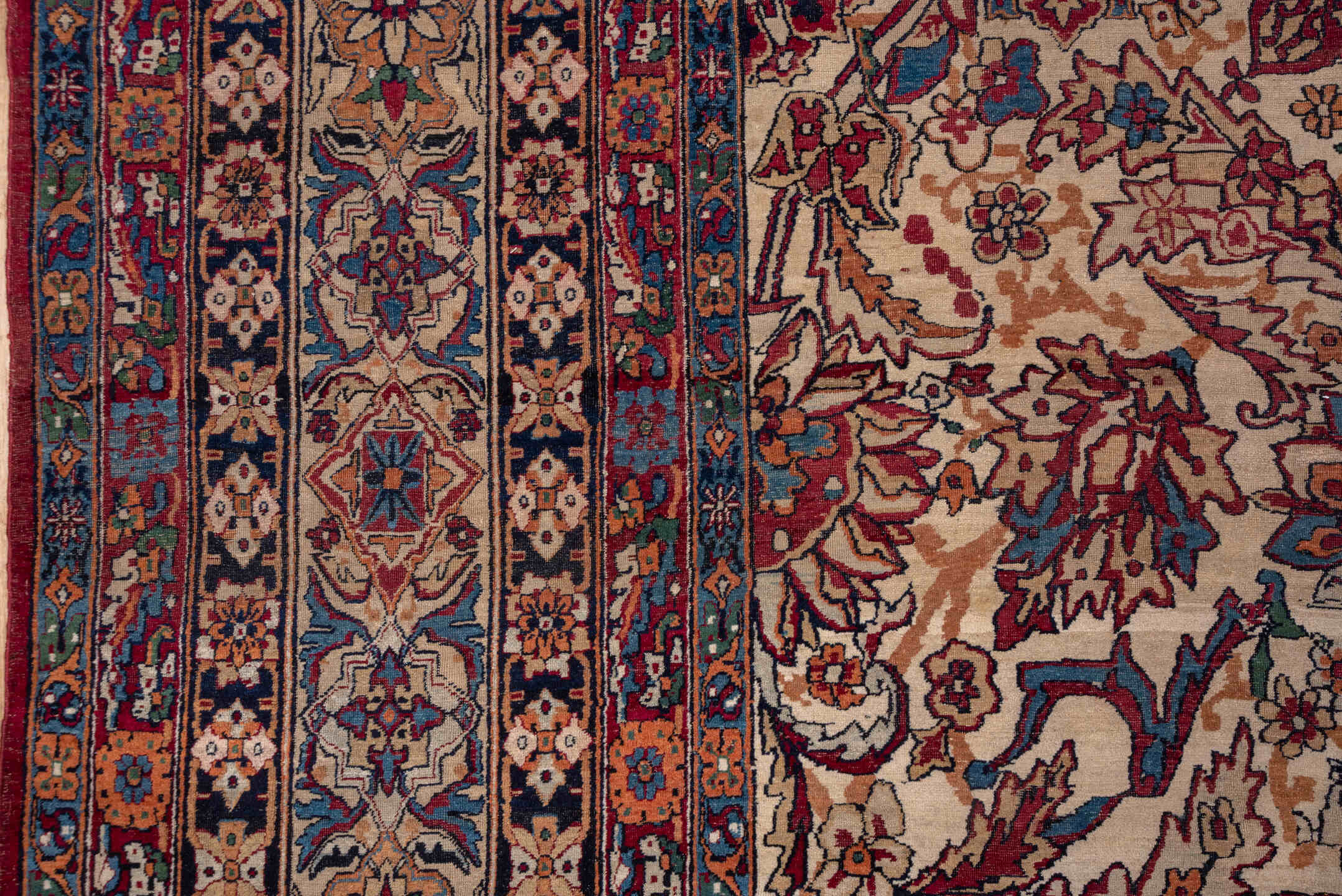 11' x 15' one-of-a-kind handmade antique Lavar oversize rug. Color palette: ivory, indigo, rust, burgundy, camel, navy, rose
