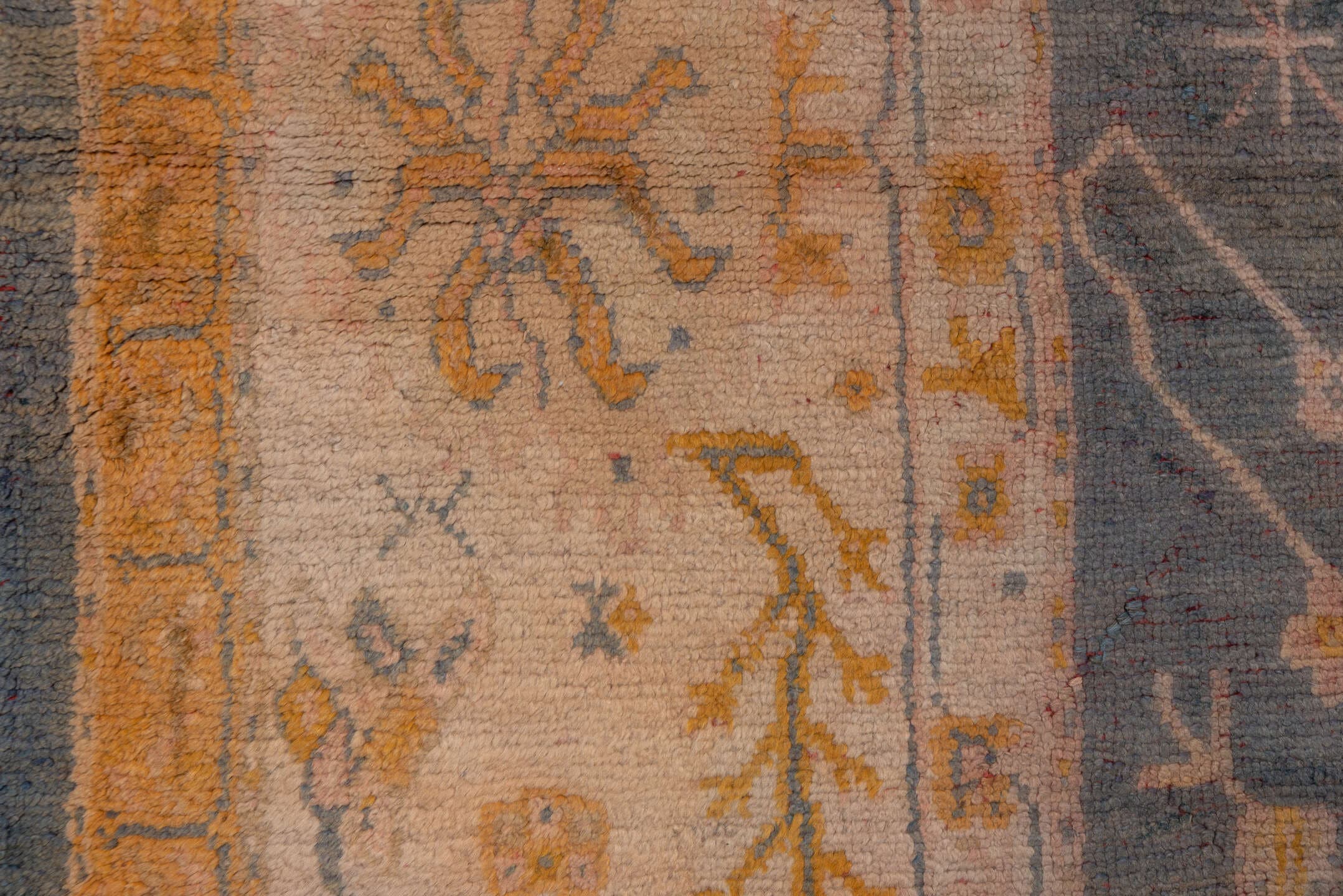 11' x 14' one-of-a-kind handmade antique Oushak oversize rug. Color palette: ivory, slate, gold, peach, taupe, saffron