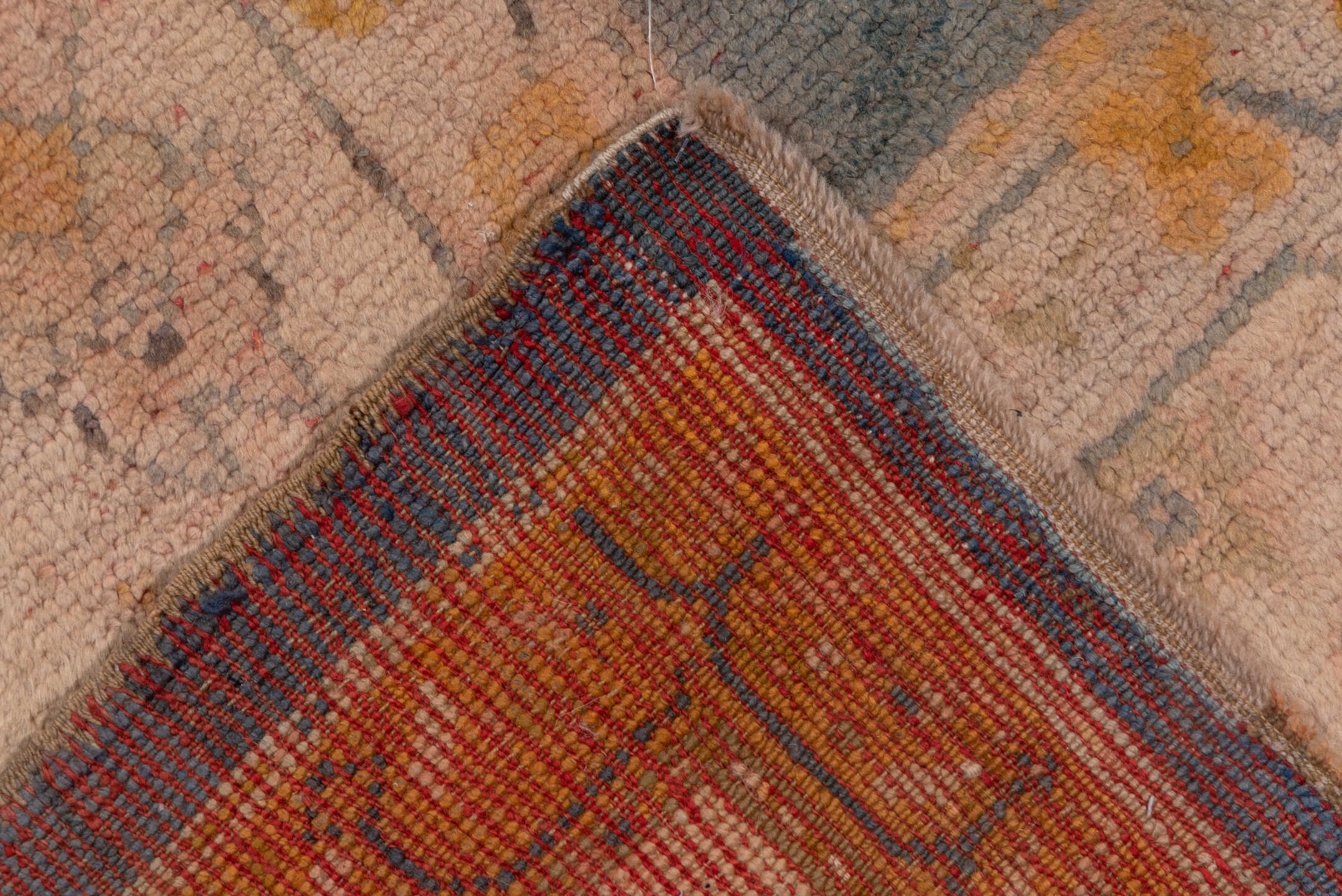 11' x 14' one-of-a-kind handmade vintage Oushak oversize rug. Color palette: blue, brown, gray, off-white, orange, peru