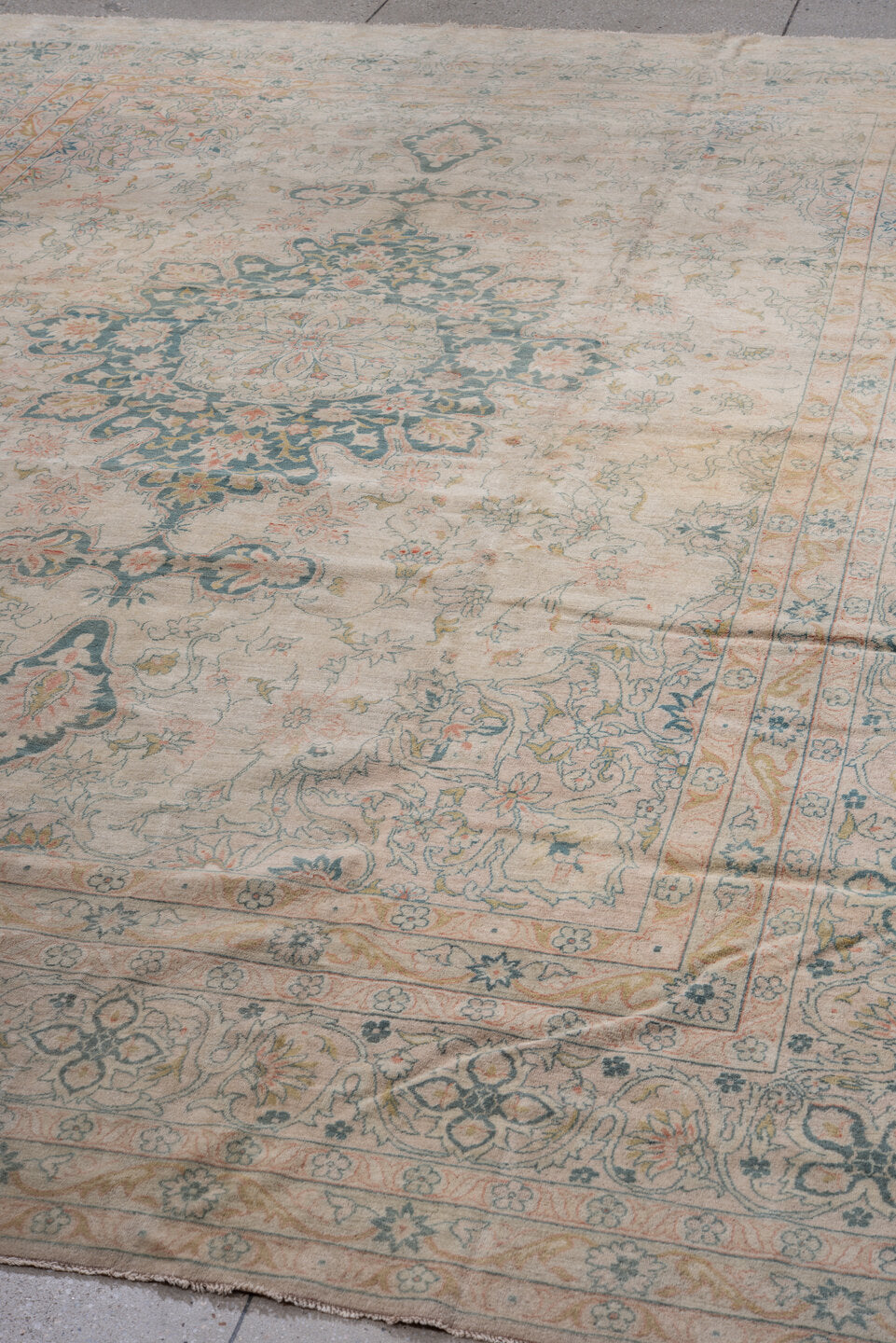 8' x 11' one-of-a-kind handmade antique Sivas large size rug. Color palette: ivory, peach, muted blue, sage, taupe, gold