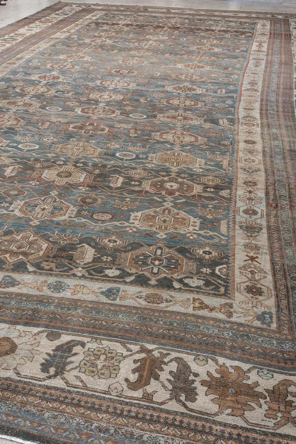 12' x 20' one-of-a-kind handmade antique Malayer oversize rug. Color palette: blue, ivory, taupe, rust, charcoal, camel