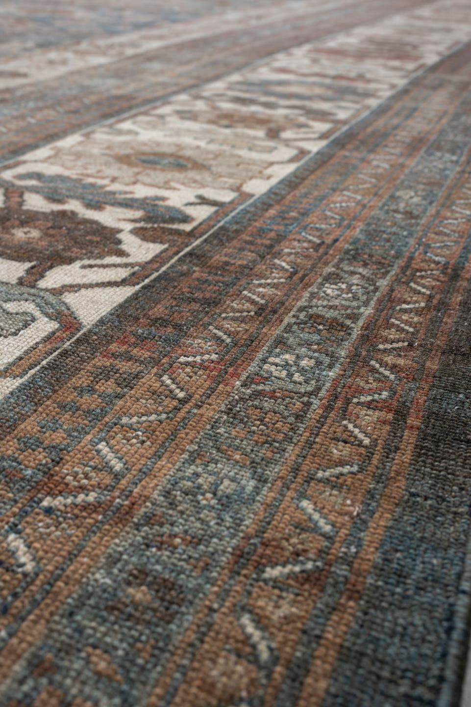 12' x 20' one-of-a-kind handmade antique Malayer oversize rug. Color palette: blue, ivory, taupe, rust, charcoal, camel