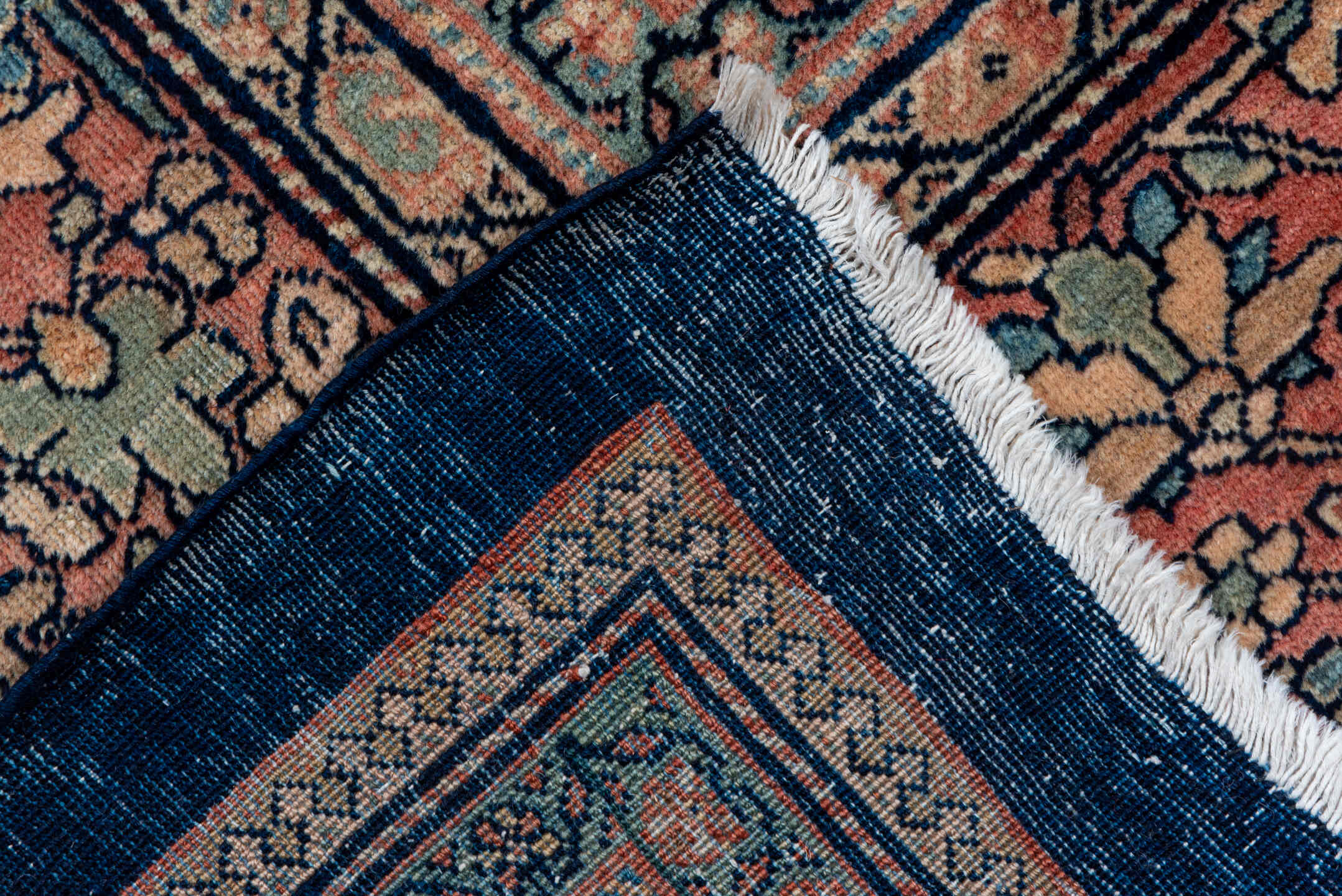 12' x 17' one-of-a-kind handmade antique Far.Sarouk oversize rug. Color palette: navy, ivory, rust, rose, slate, soft blue