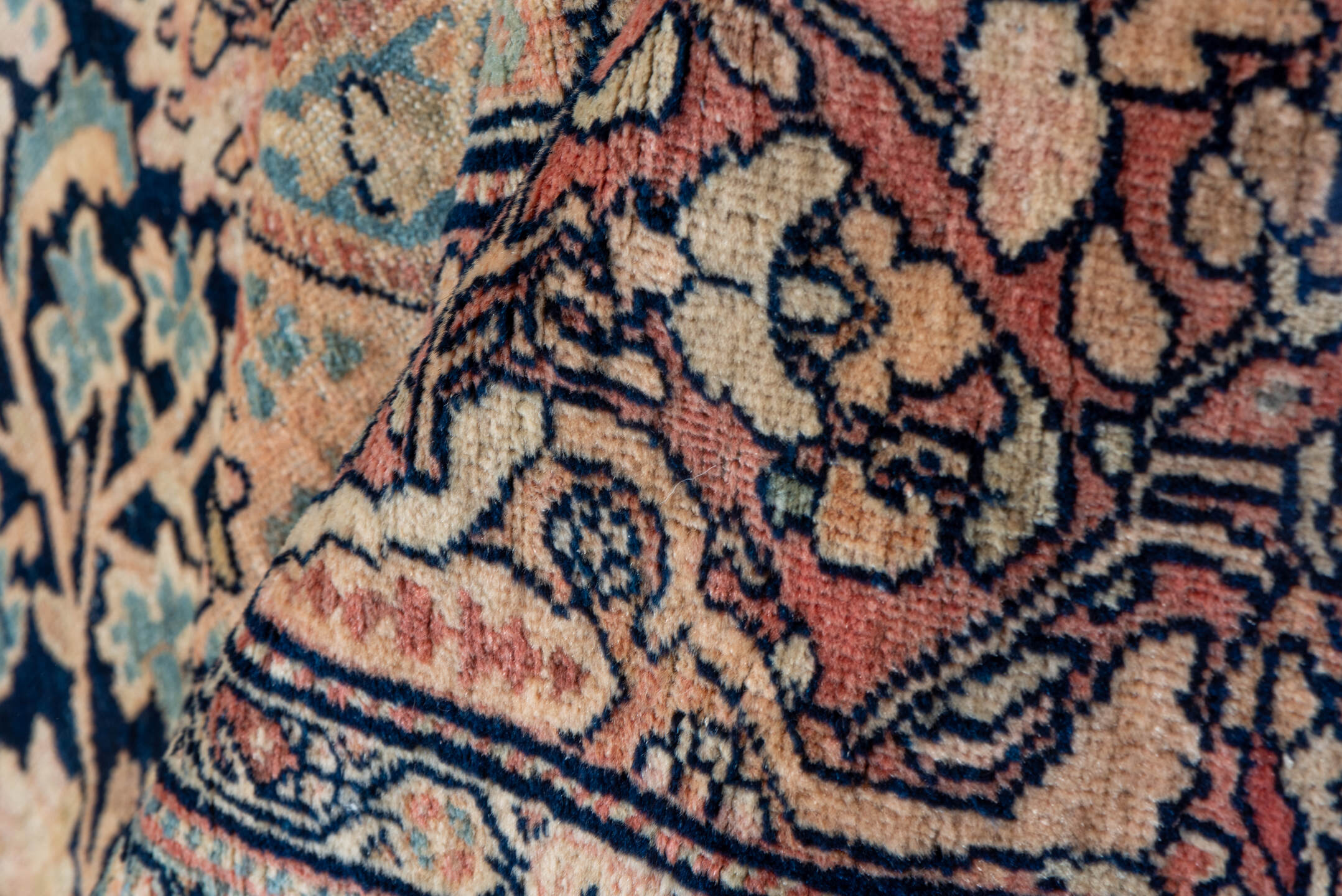 12' x 17' one-of-a-kind handmade antique Far.Sarouk oversize rug. Color palette: navy, ivory, rust, rose, slate, soft blue