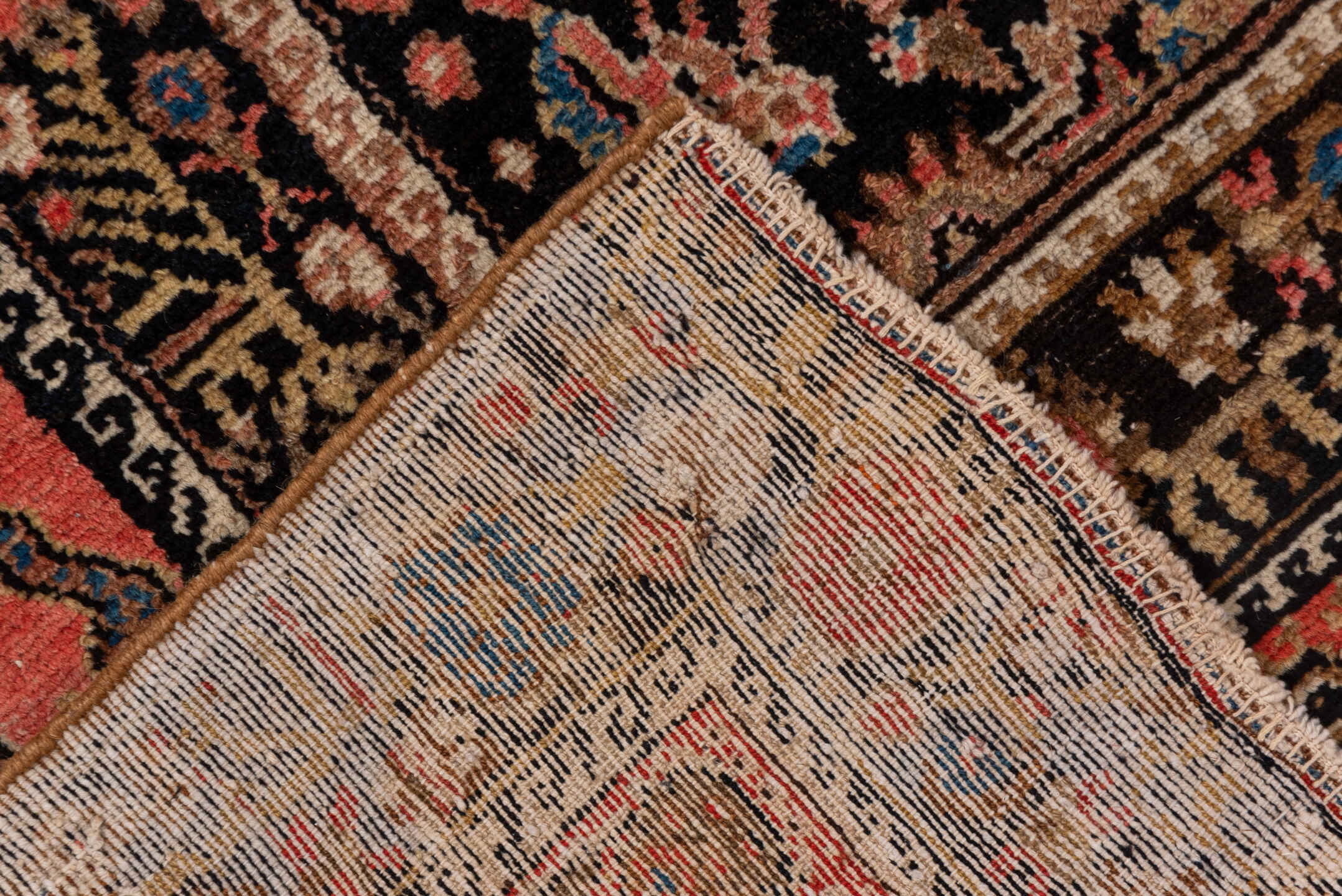 4' x 10' one-of-a-kind handmade vintage Malayer runner rug. Color palette: black, blue, brown, charcoal, gray, pink, red