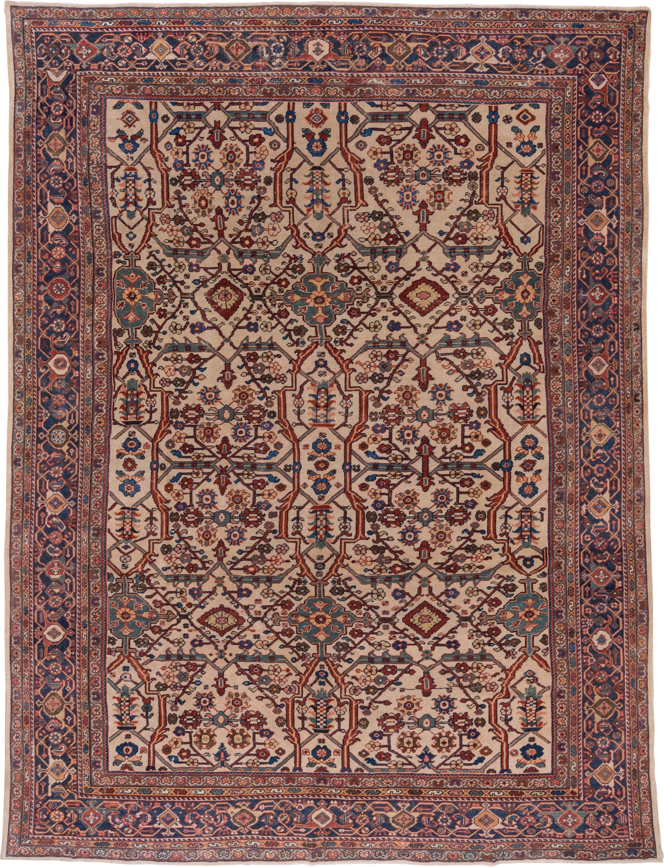 10' x 13' one-of-a-kind handmade antique Sultanabad large size rug. Color palette: ivory, navy, rust, soft blue, camel