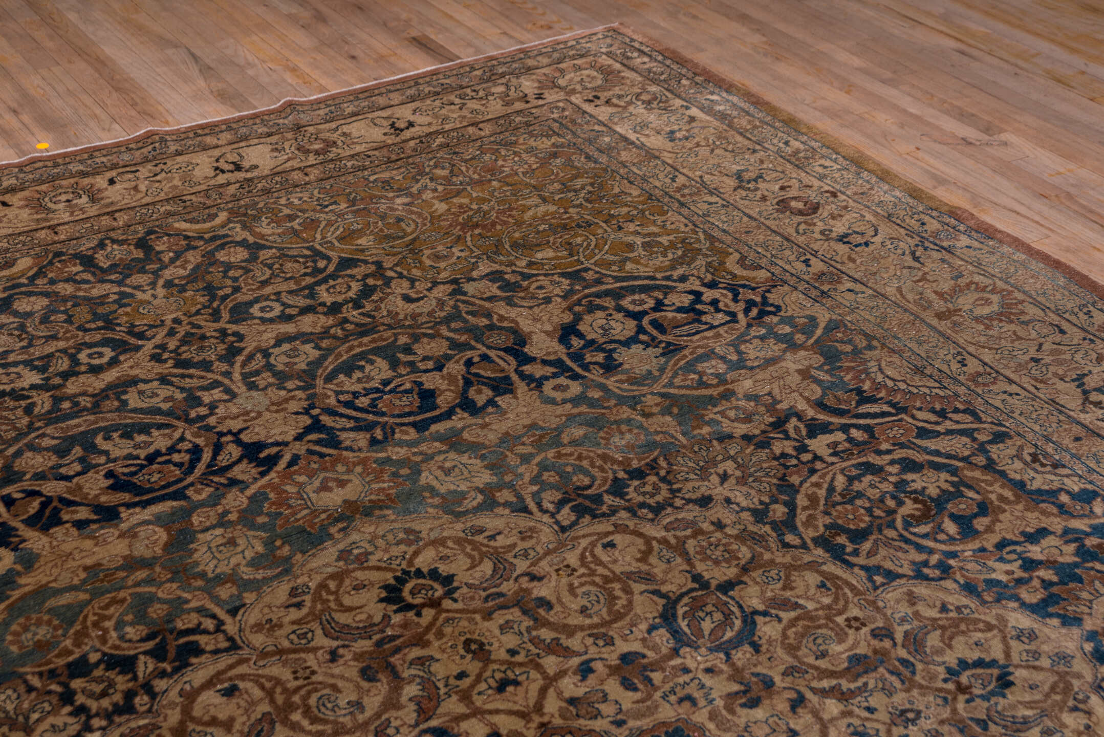 10' x 14' one-of-a-kind handmade antique Tabriz rug. Color palette: ivory, navy, terra cotta, beige, camel, slate, taupe
