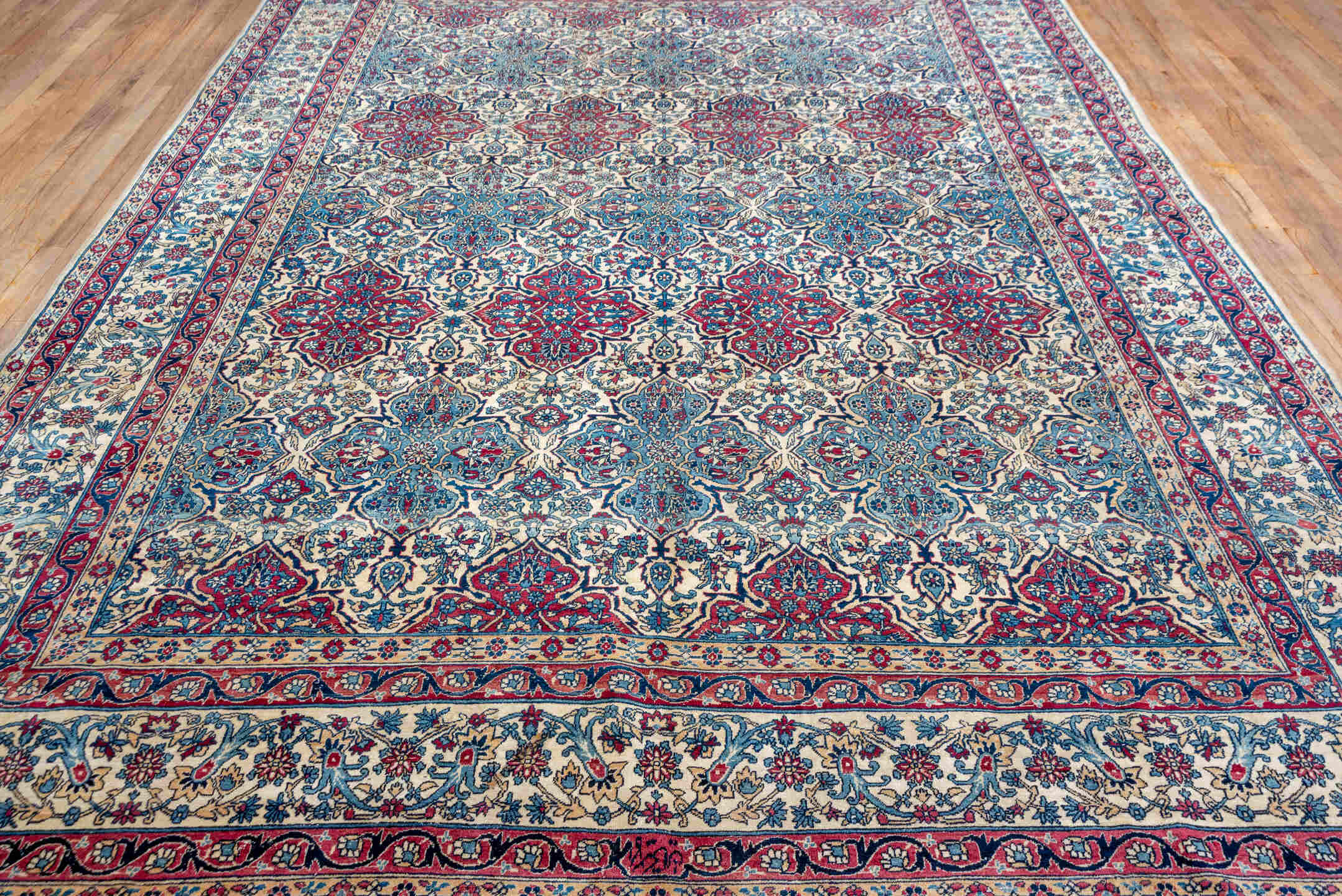 8' x 12' one-of-a-kind handmade vintage Lavar large size rug. Color palette: antiquewhite, arapawa, blue, brown, dim gray