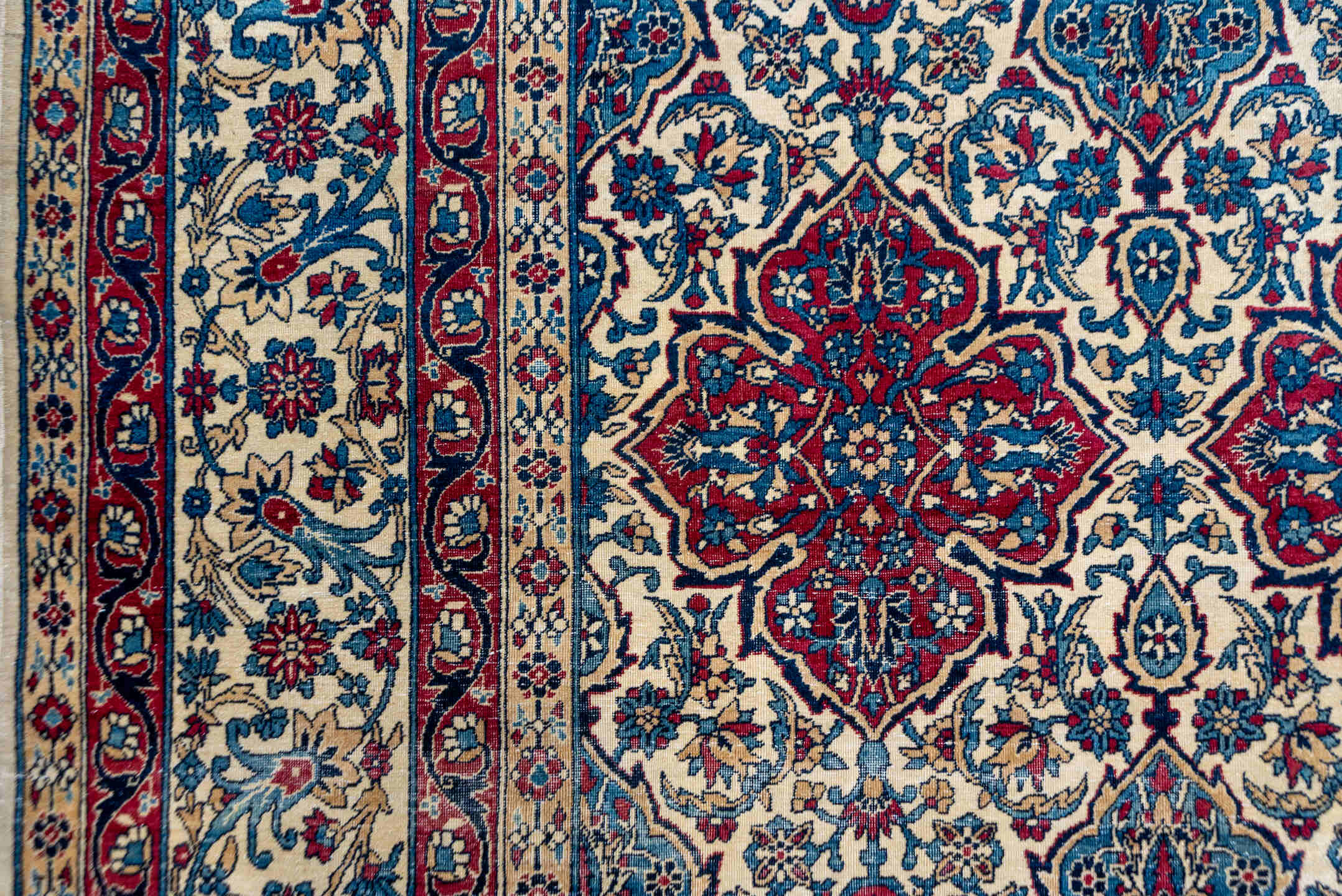 8' x 12' one-of-a-kind handmade antique Lavar large size rug. Color palette: ivory, red, blue, navy, sky_blue, rose, slate