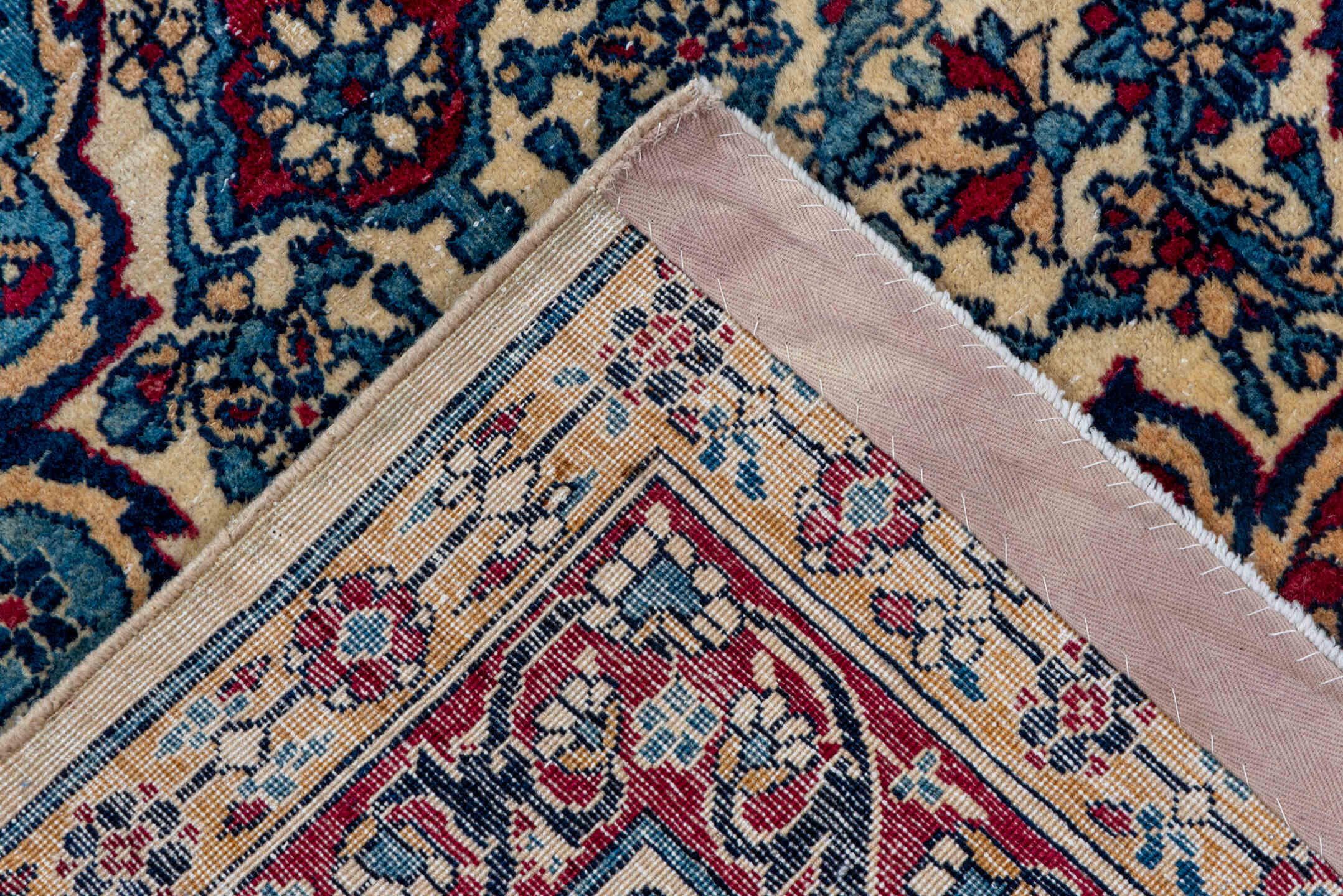 8' x 12' one-of-a-kind handmade vintage Lavar large size rug. Color palette: antiquewhite, arapawa, blue, brown, dim gray