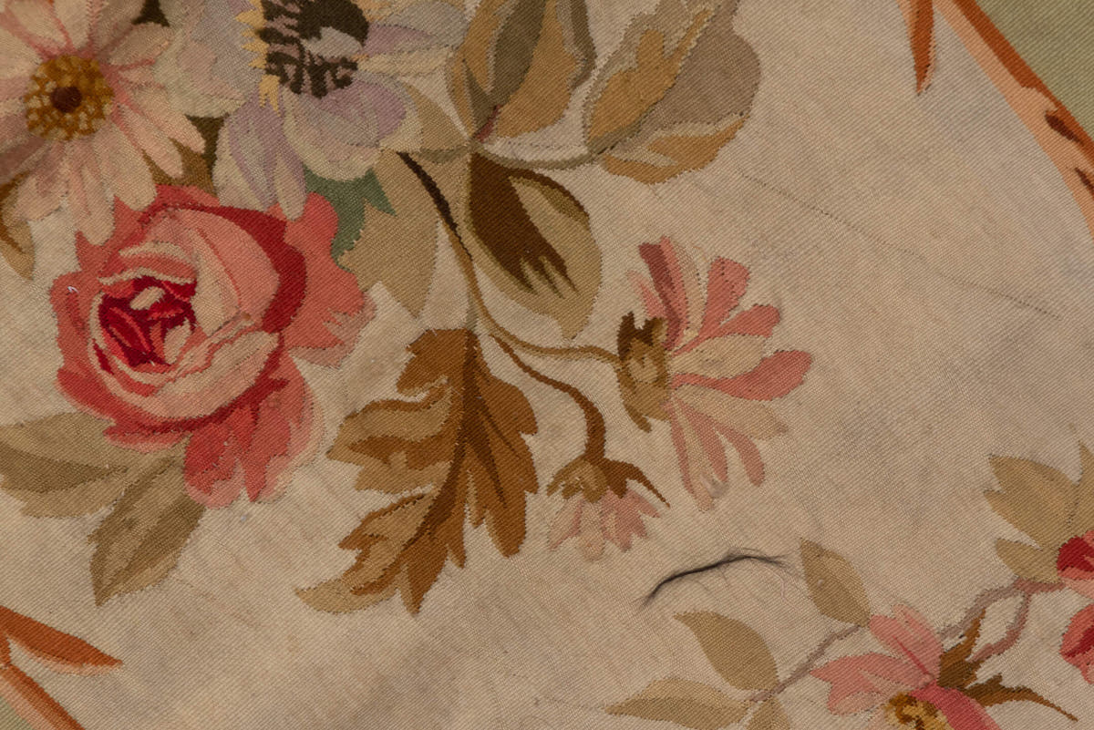 2' x 7' one-of-a-kind handmade antique Aubusson runner rug. Color palette: sage, ivory, rose, coral, gold, taupe, lavender