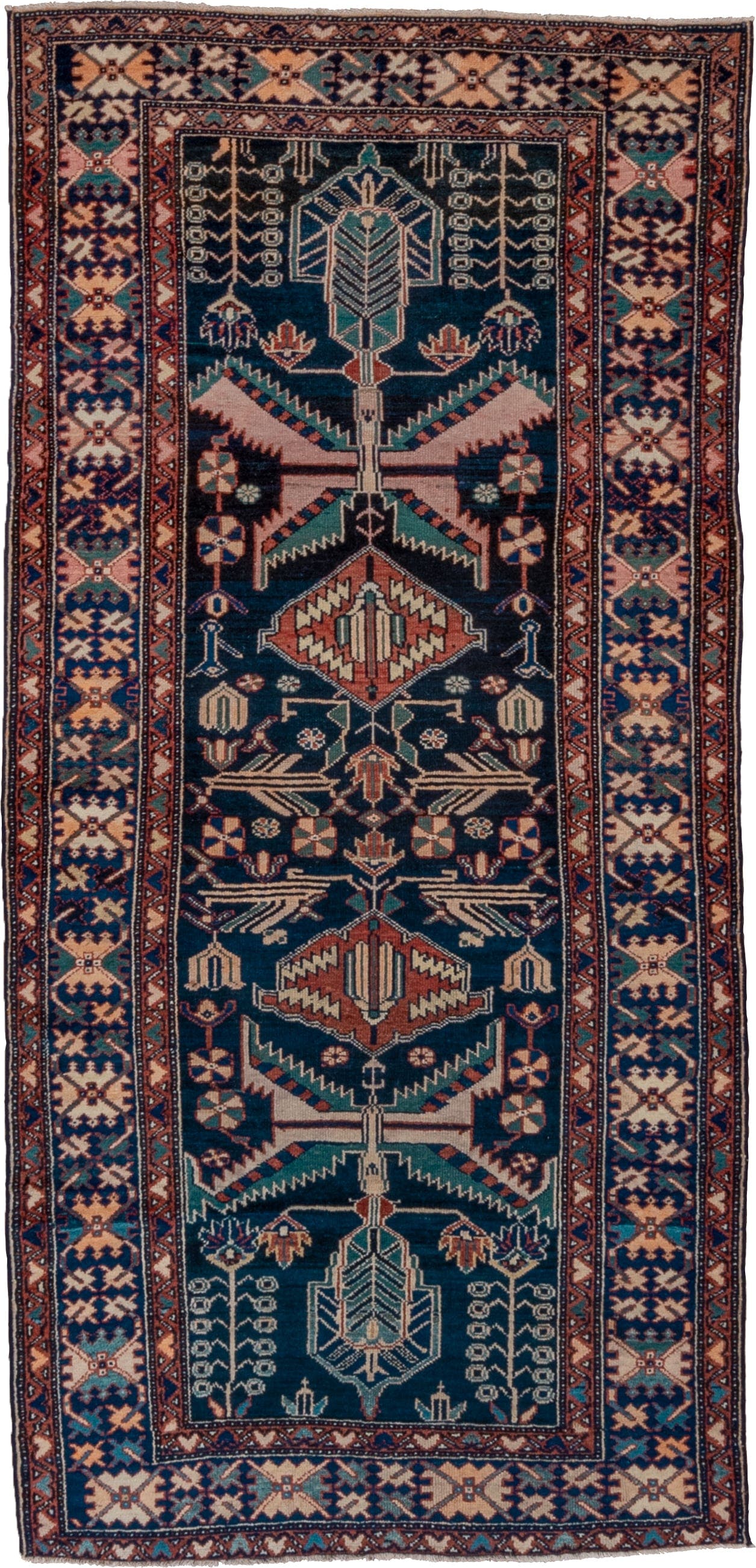 3' x 7' one-of-a-kind handmade vintage Malayer runner rug. Color palette: navy, ivory, rust, teal, camel, crimson, charcoal