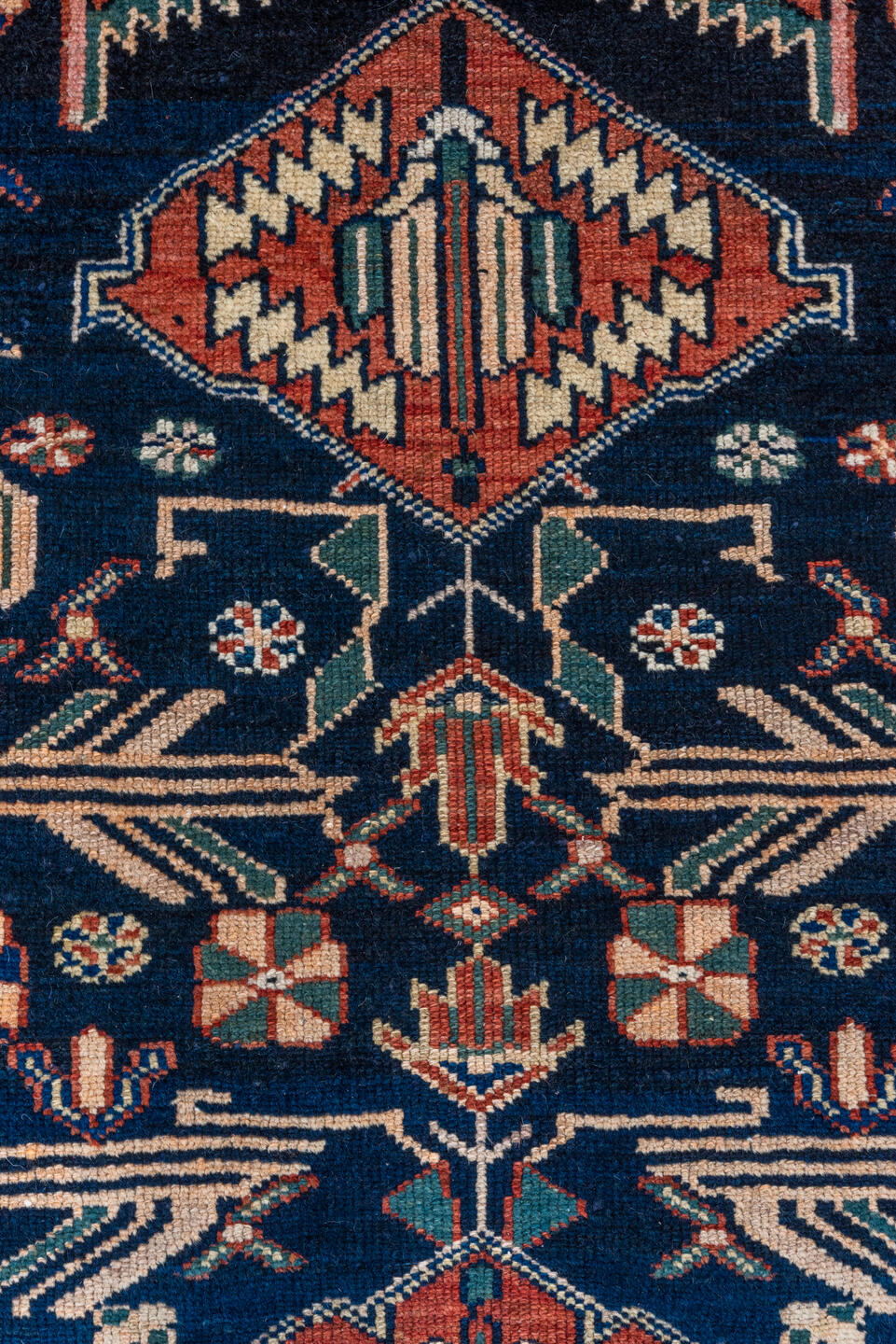 3' x 7' one-of-a-kind handmade vintage Malayer runner rug. Color palette: navy, ivory, rust, teal, camel, crimson, charcoal
